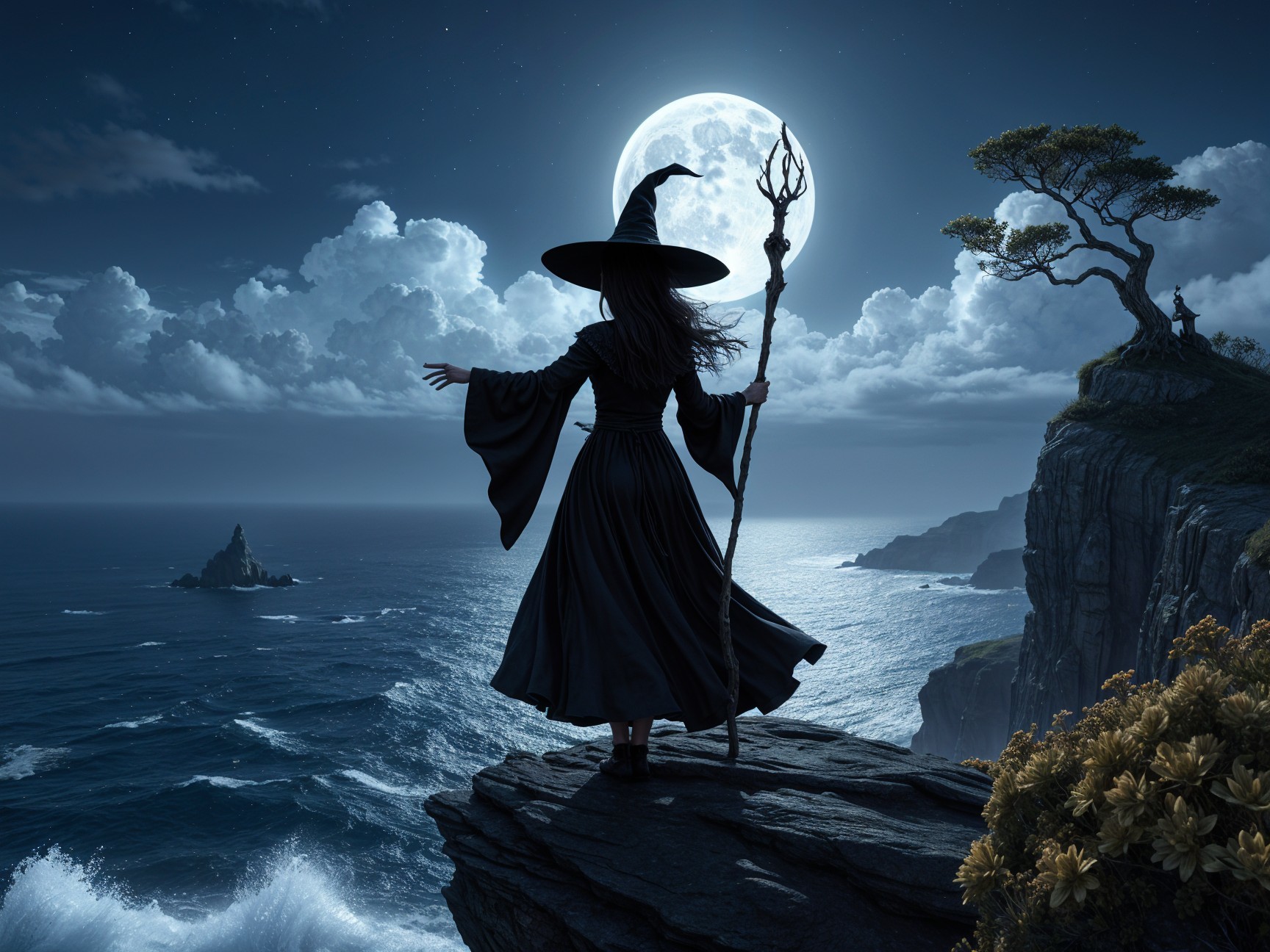 Witch on Cliff Under Full Moon and Night Sky
