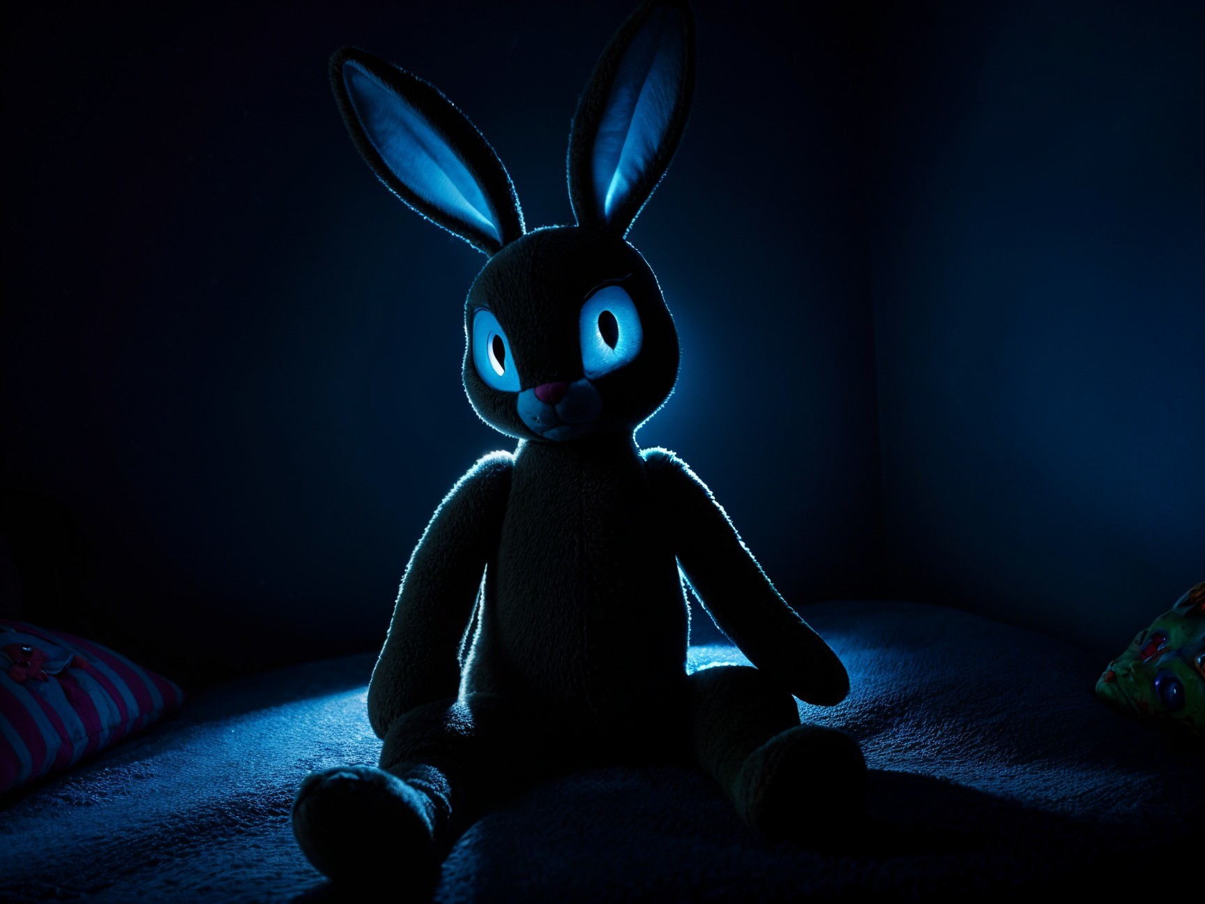 Plush Bunny in Dim Room with Soft Blue Light