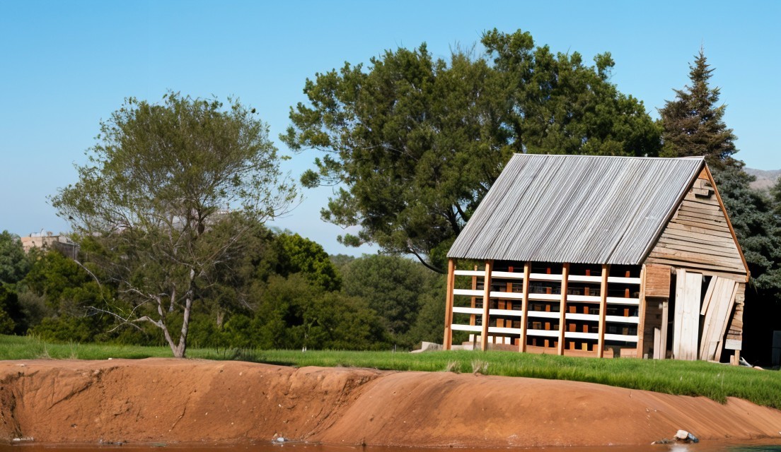 Quaint Wooden Shed by Calm Water in Serene Landscape