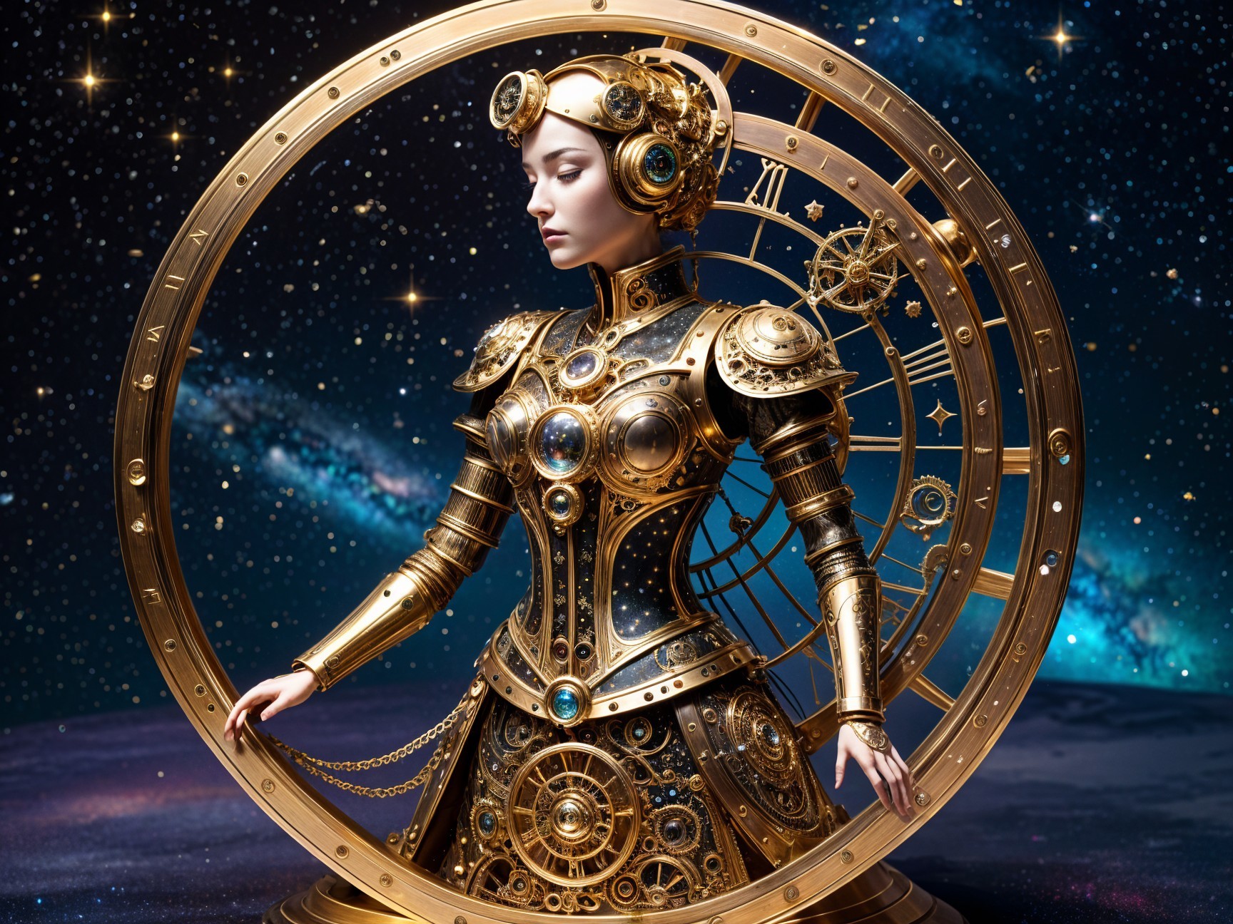 Steampunk-Inspired Figure Against Cosmic Backdrop