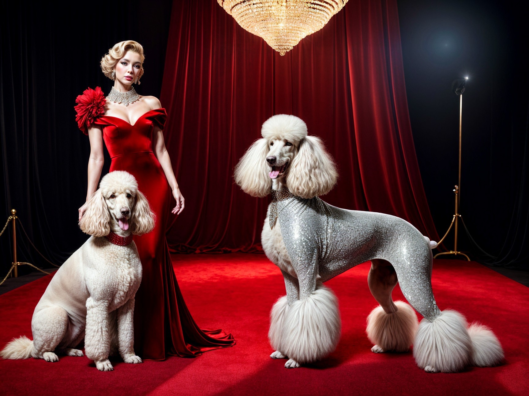 Glamorous Woman in Red Gown with Stylish Poodles