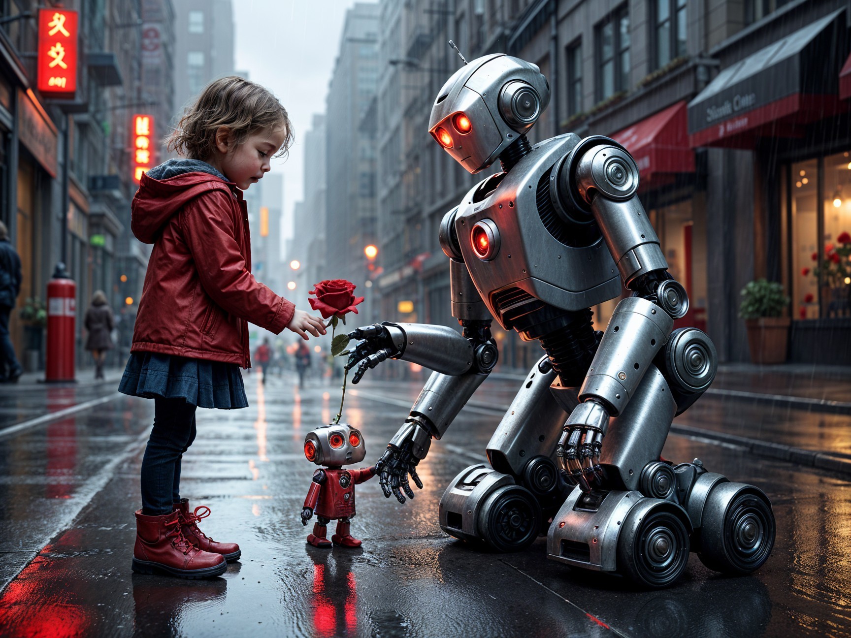 Urban Rain Scene with Girl, Robots, and Neon Lights