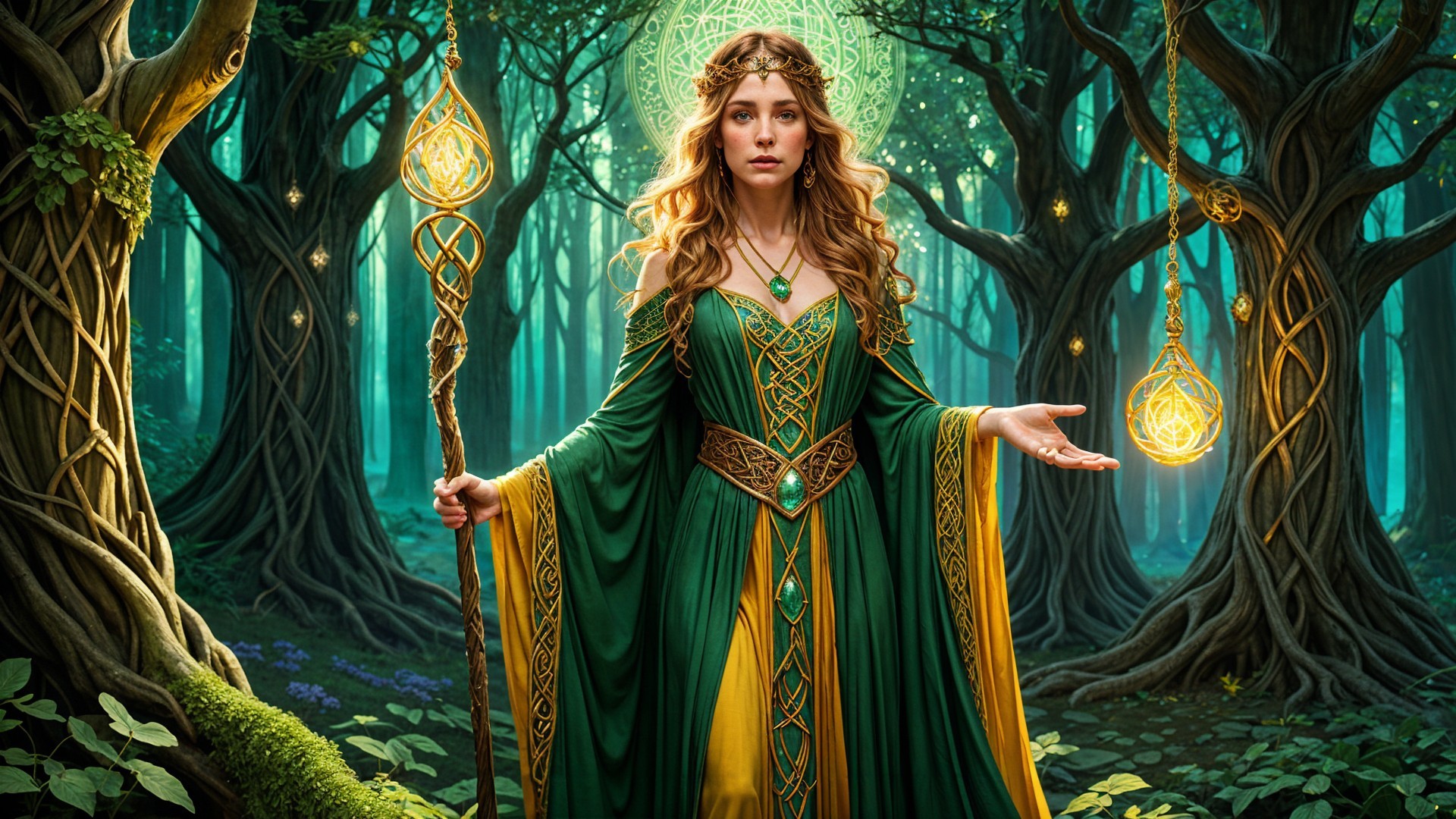 Sorceress in Mystical Forest with Glowing Staff