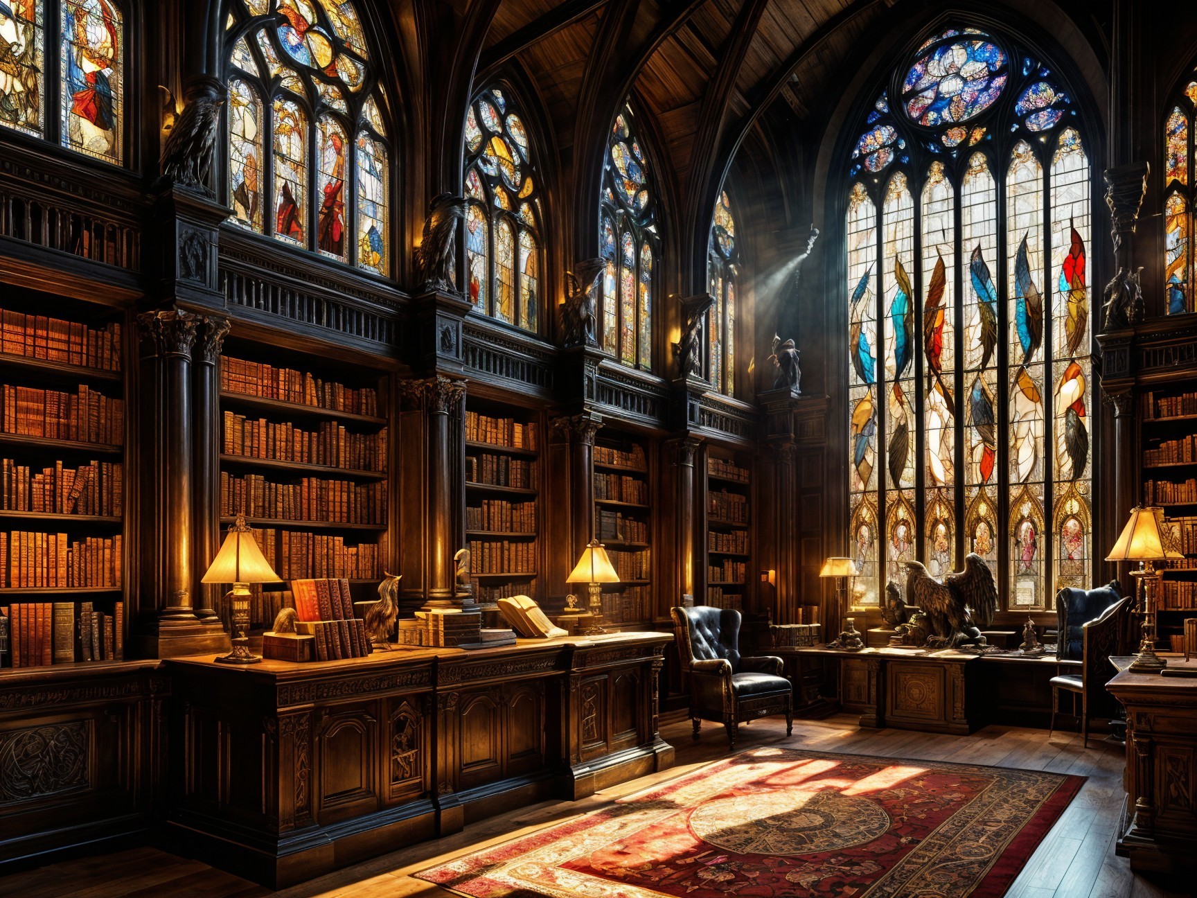Historic library with stained glass and antique books