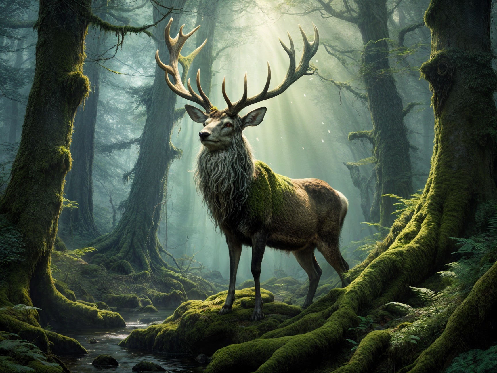 Majestic stag in a lush, misty forest setting