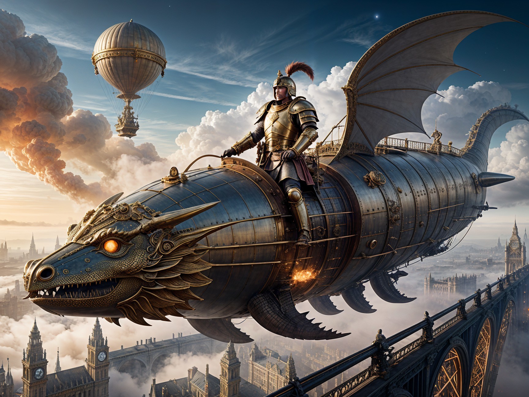 Steampunk Airship with Dragon Design Over Cityscape