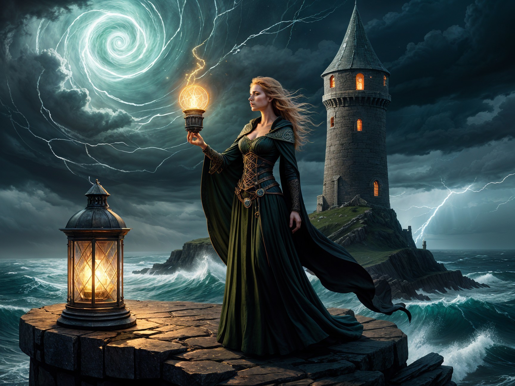 Mysterious Woman with Orb by Stormy Lighthouse