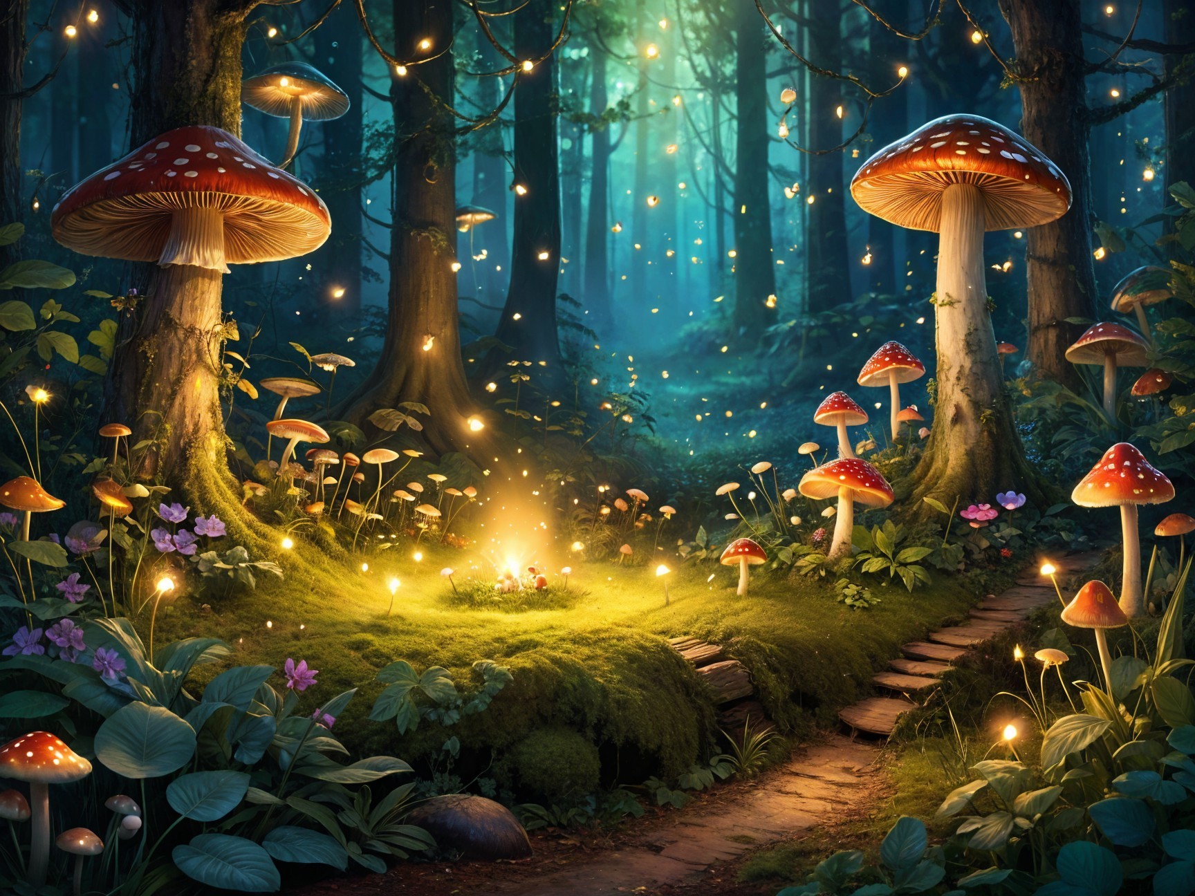 Mystical forest with vibrant mushrooms and fireflies
