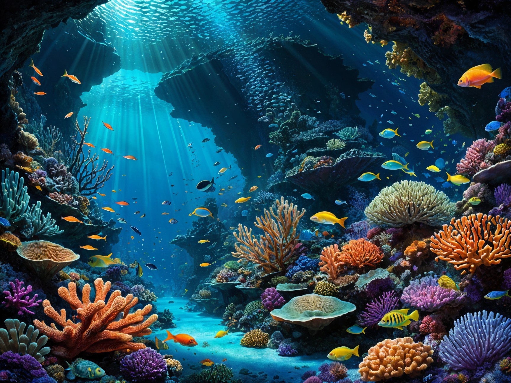 Vibrant Coral Reef Underwater Scene with Diverse Life