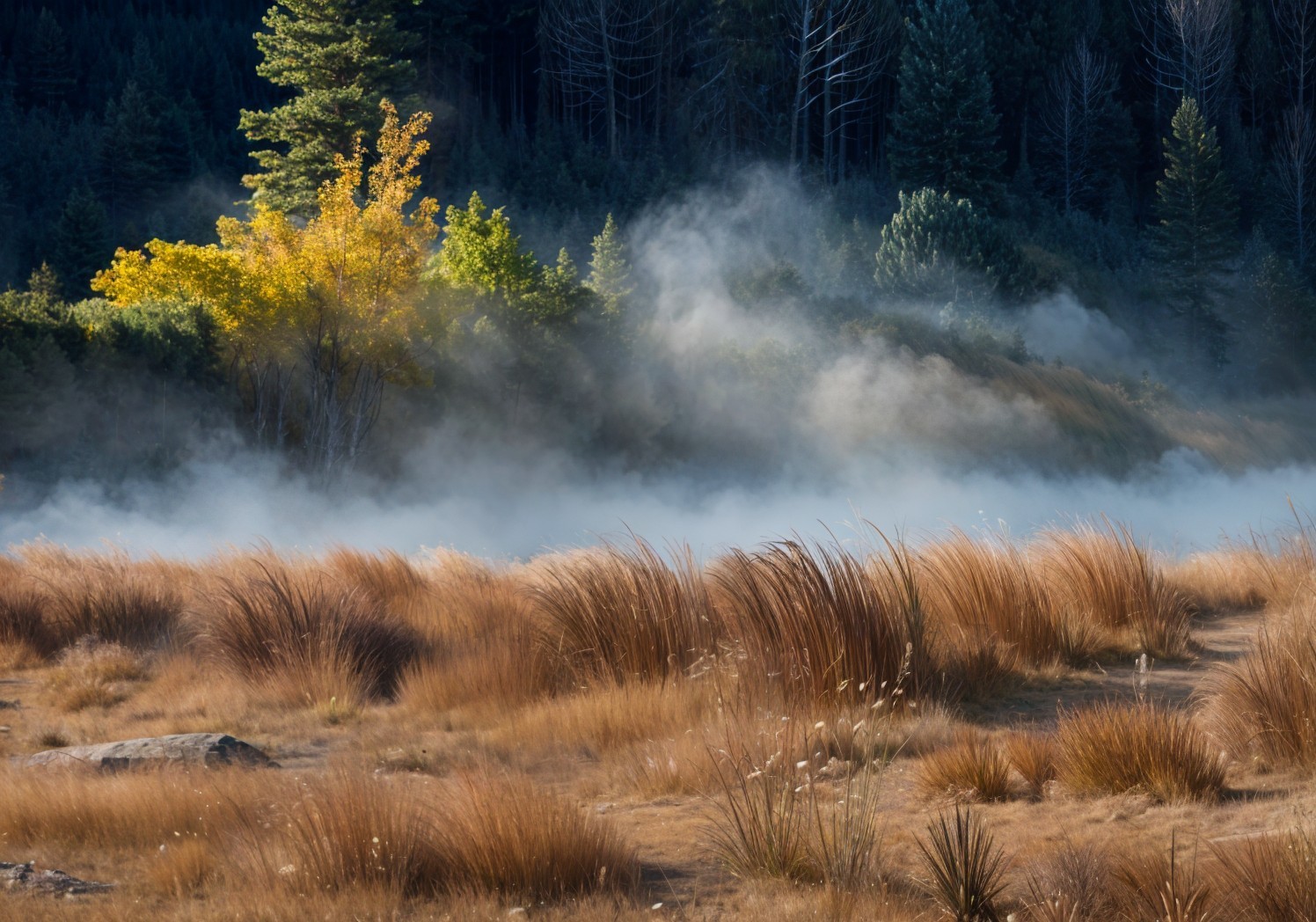 Serene Landscape with Grasses and Autumn Foliage