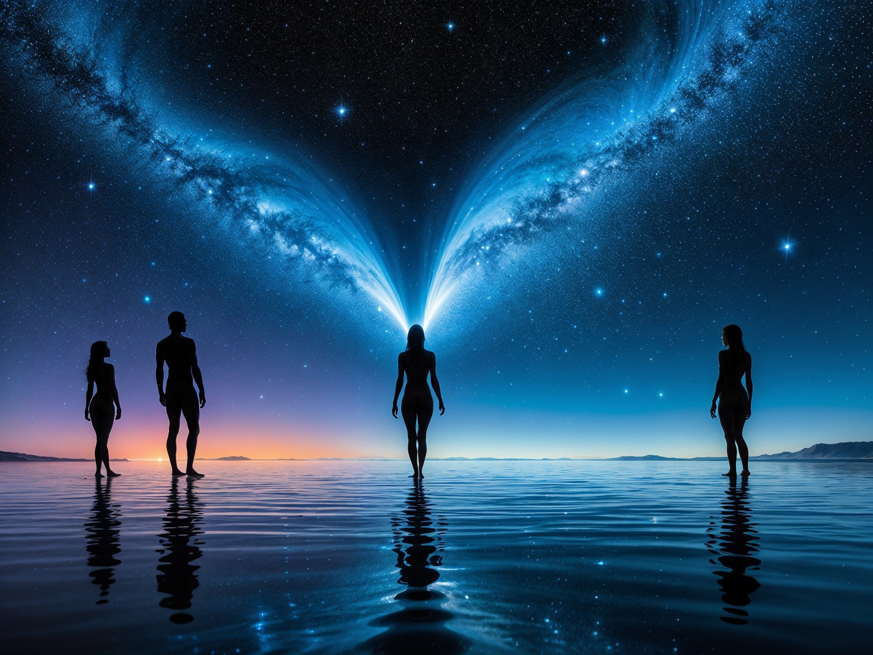Surreal Twilight Scene with Cosmic Heart and Silhouettes