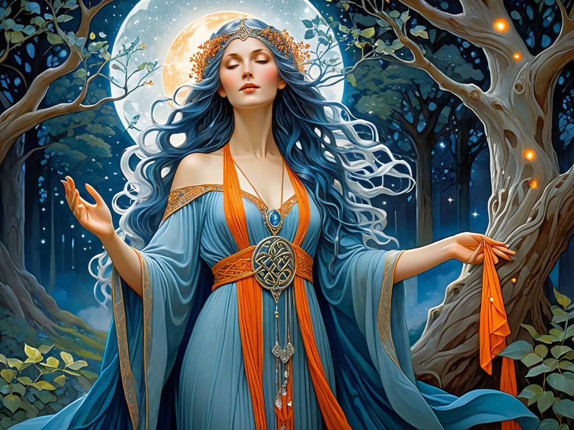Serene figure in a mystical forest under moonlight
