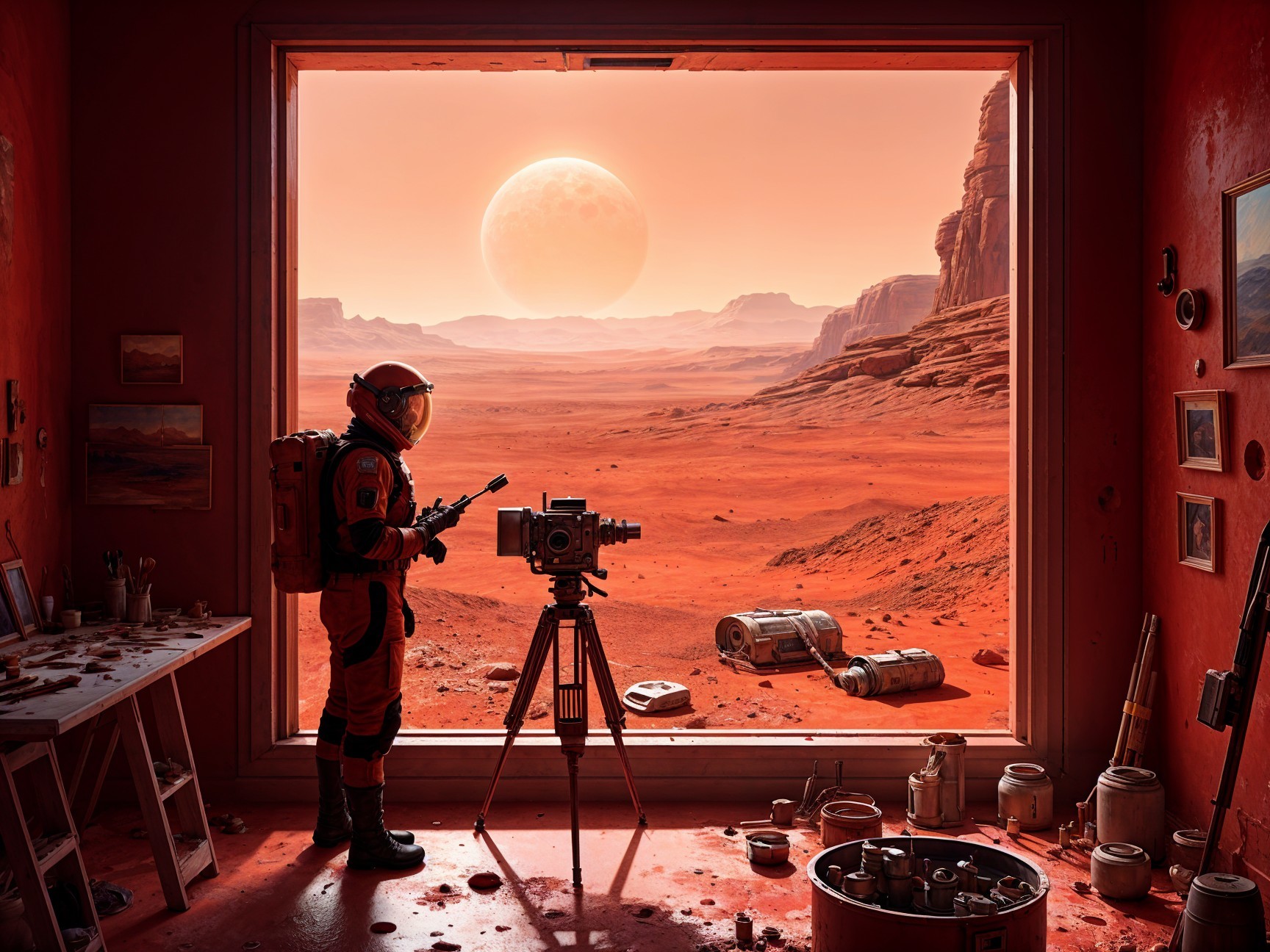 Astronaut in Room with Martian View and Artistic Clutter