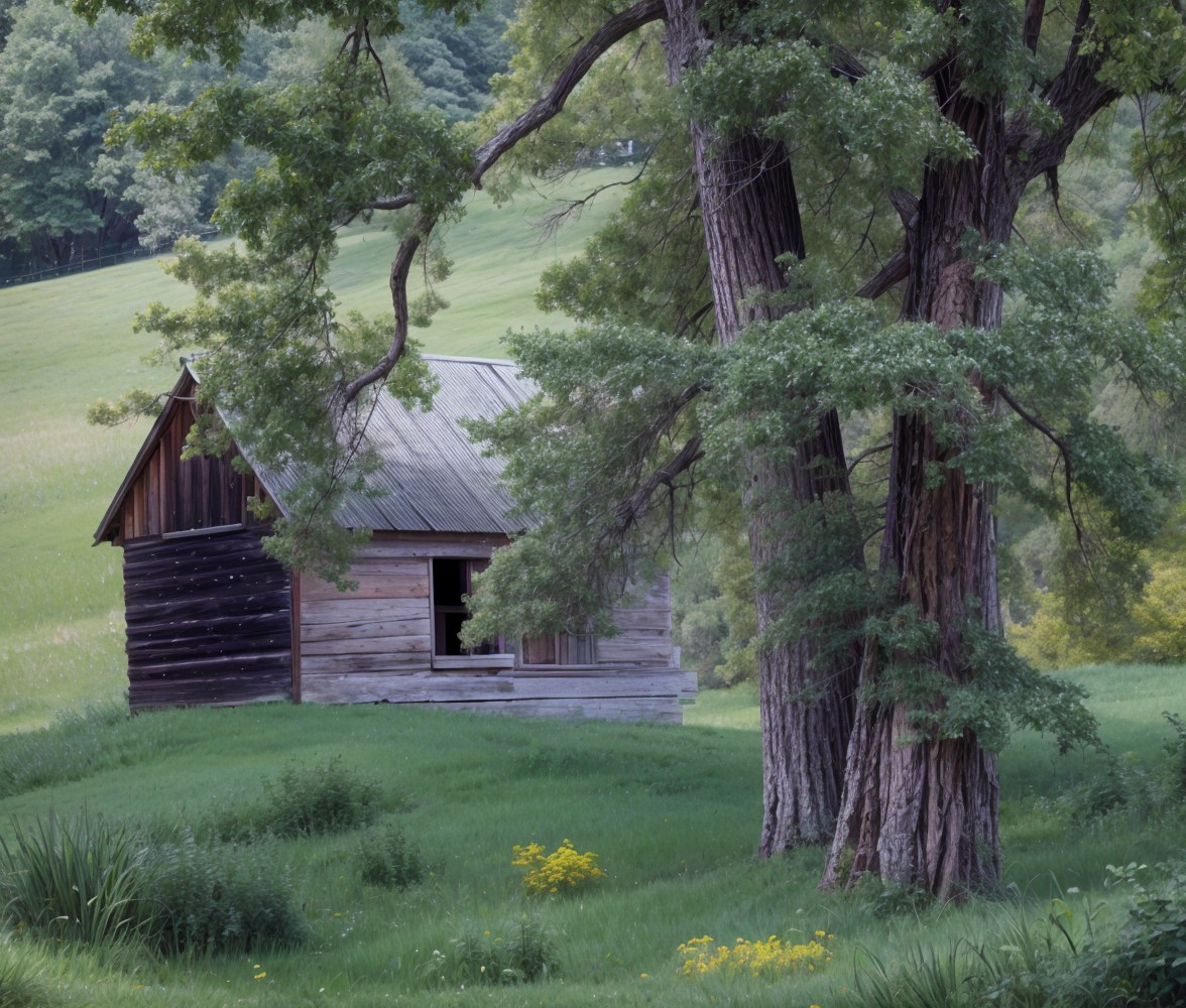 Weathered Wooden Cabin in Lush Green Landscape