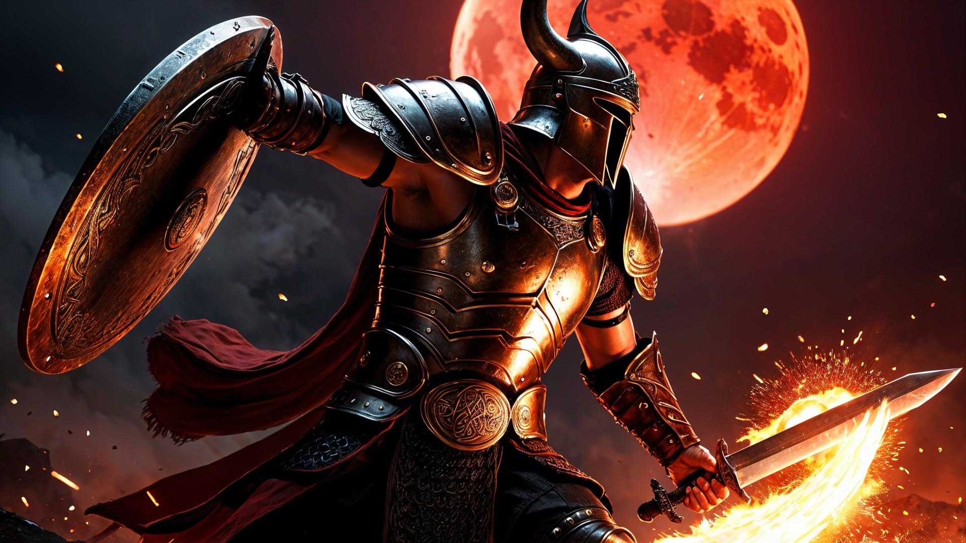 Warrior in Armor with Sword and Shield Under Moonlight
