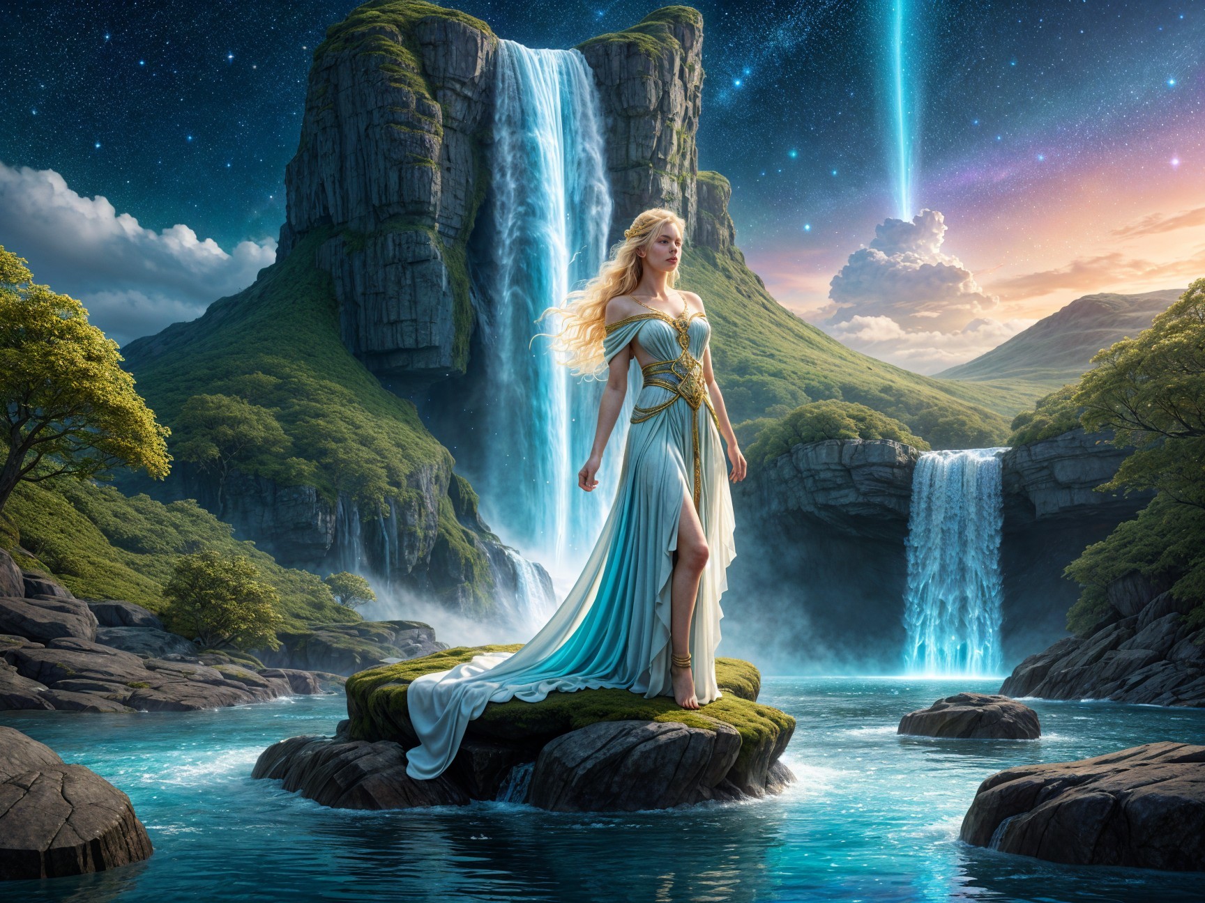 Majestic female figure in serene waterfall landscape