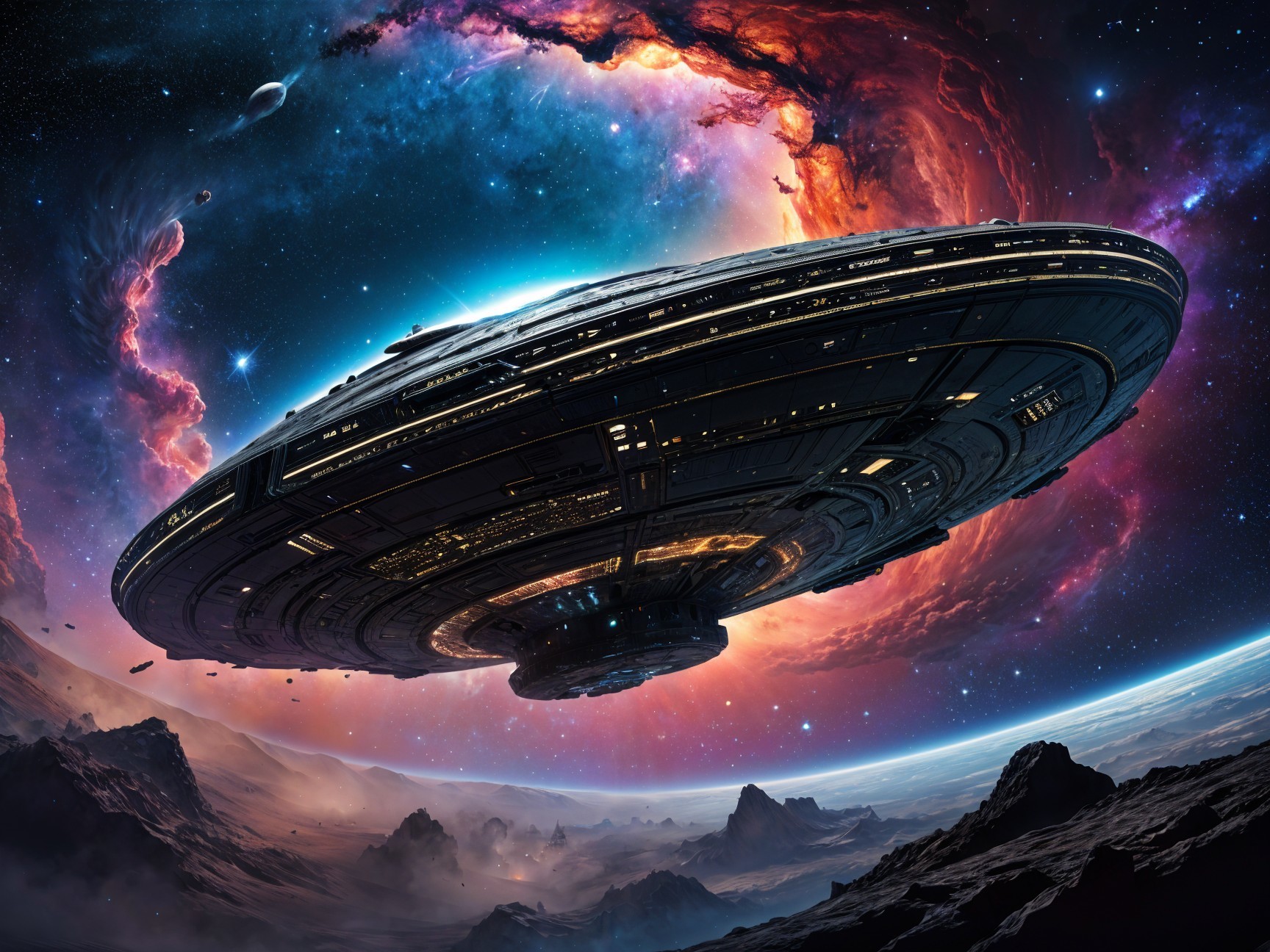 Futuristic Spaceship in a Colorful Cosmic Landscape