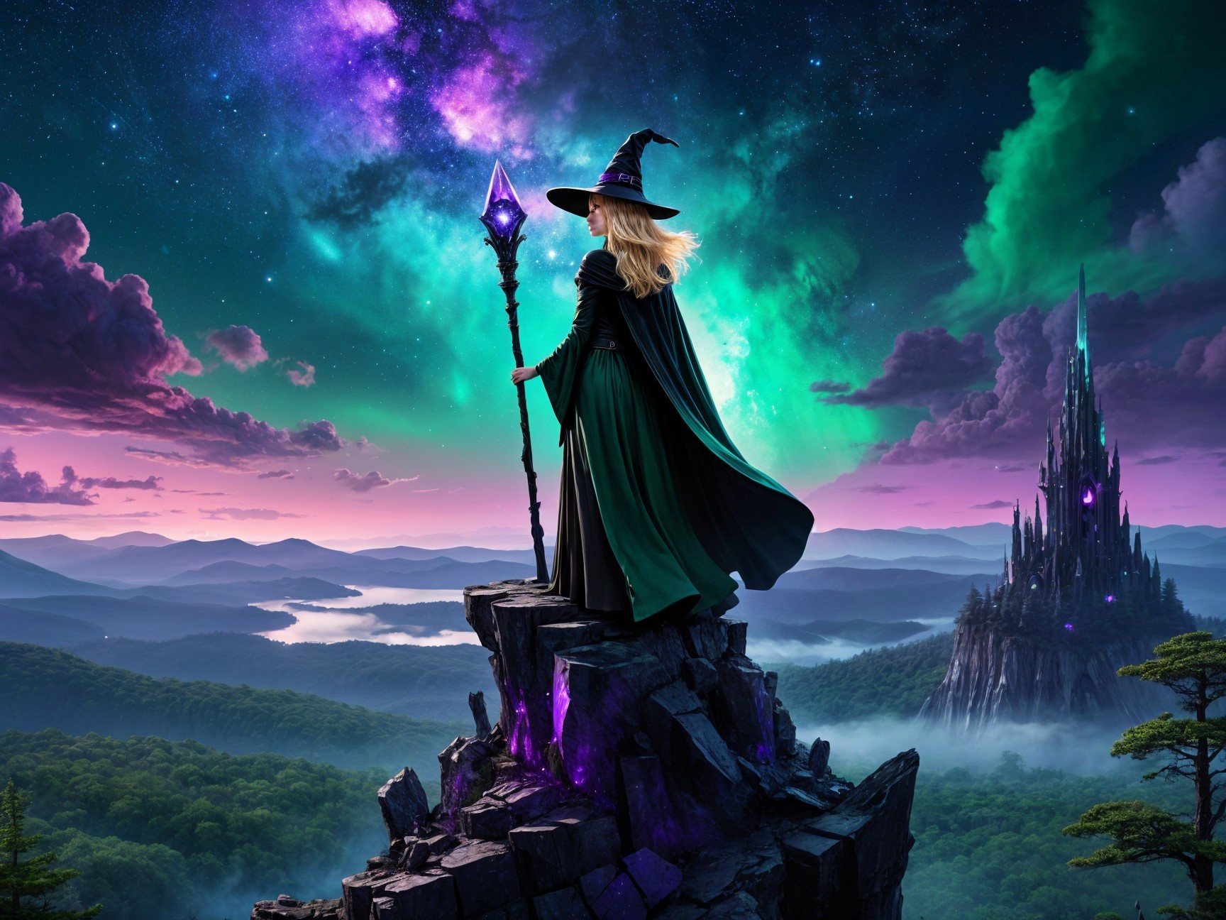 Mysterious Sorceress on Cliff with Glowing Staff