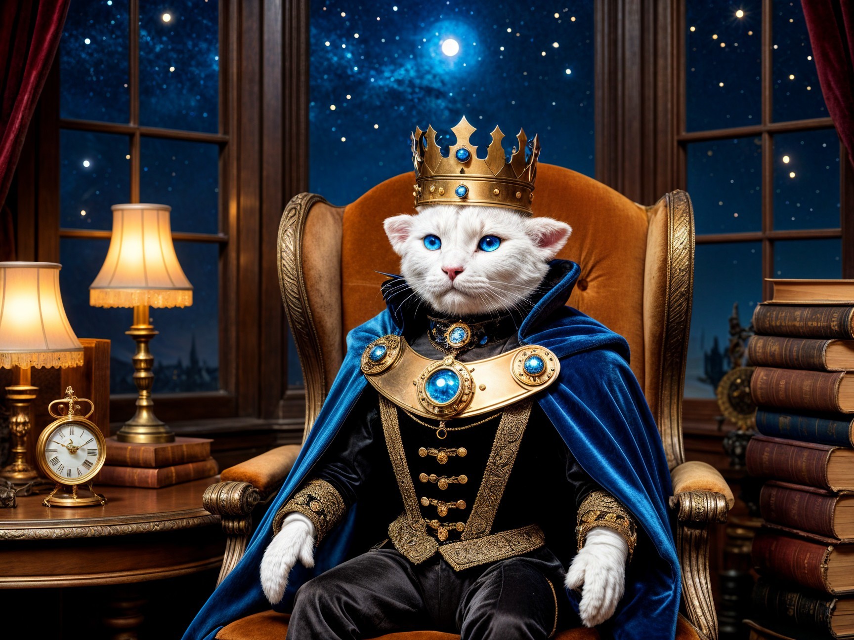 White Cat in Royal Cape on Throne with Starry Background