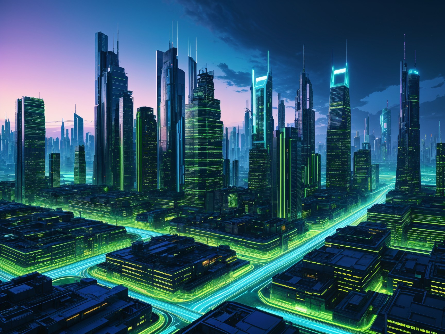 Futuristic cityscape with neon green lights and skyscrapers