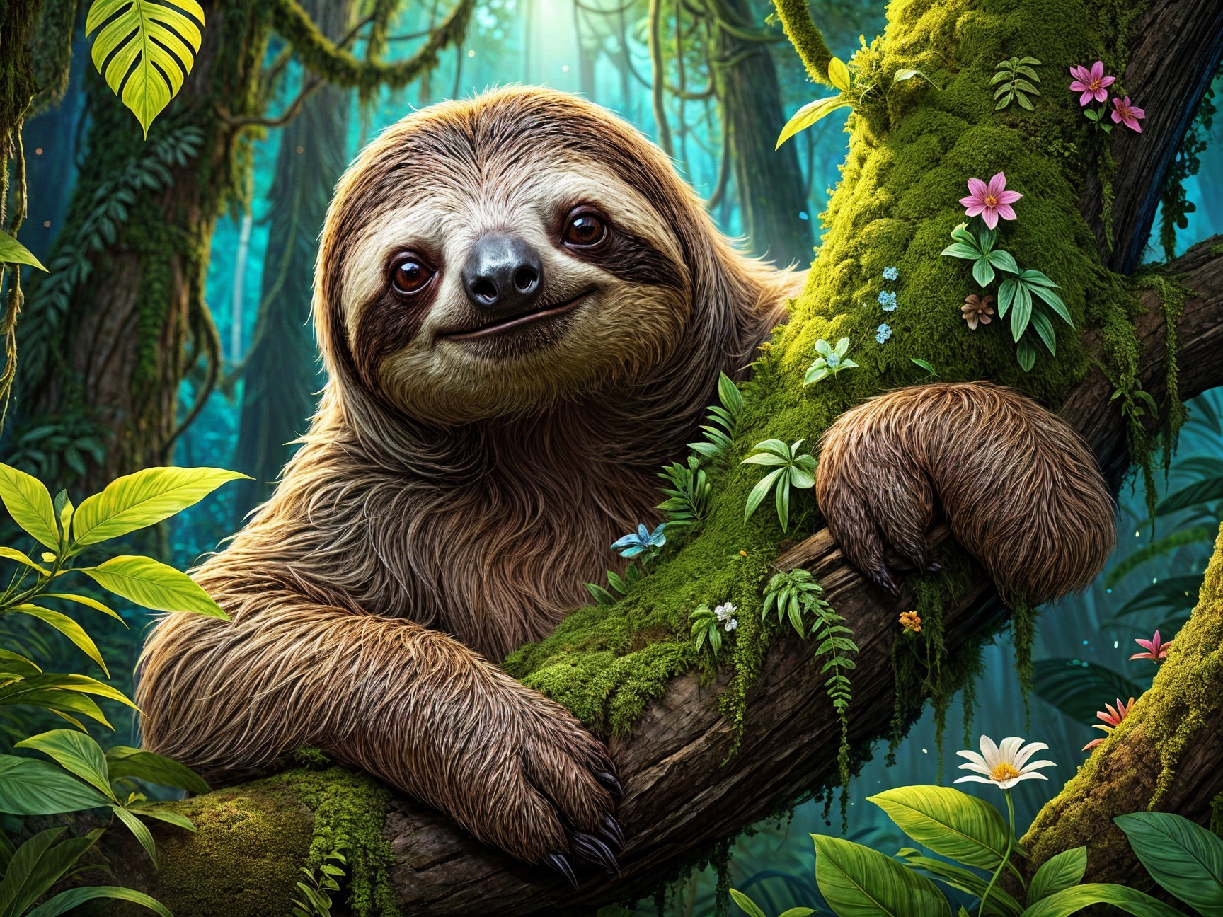 Cheerful sloth in vibrant rainforest setting