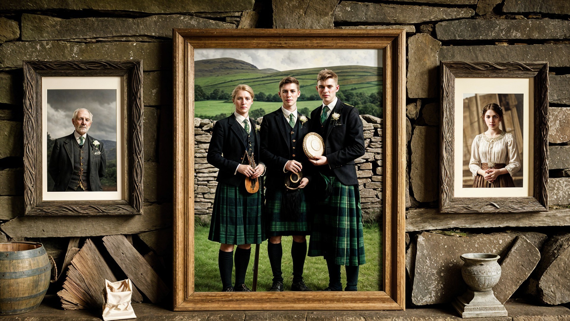 Portrait of Young Men in Kilts with Trophy and Scenic View
