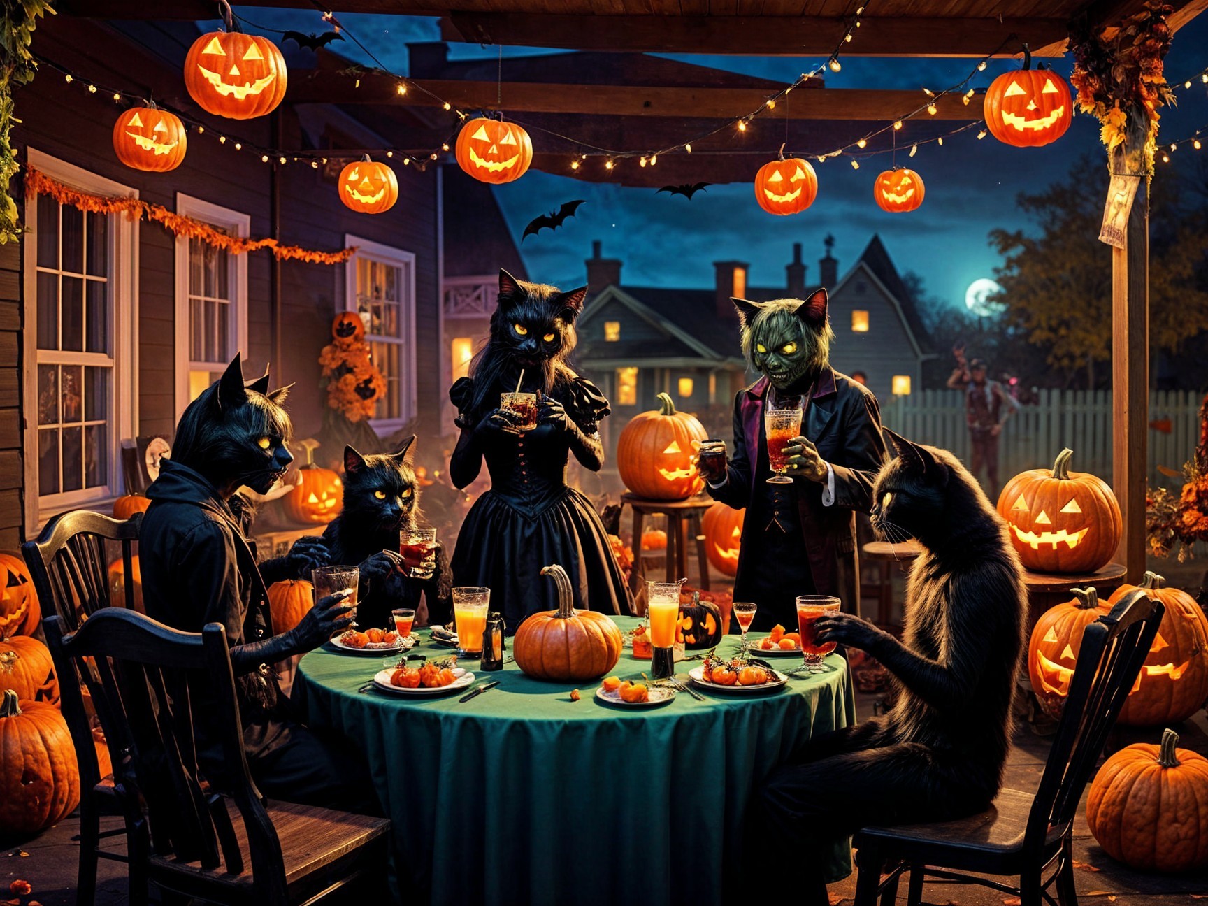 Gathering of Cat-Headed Figures at Halloween Table