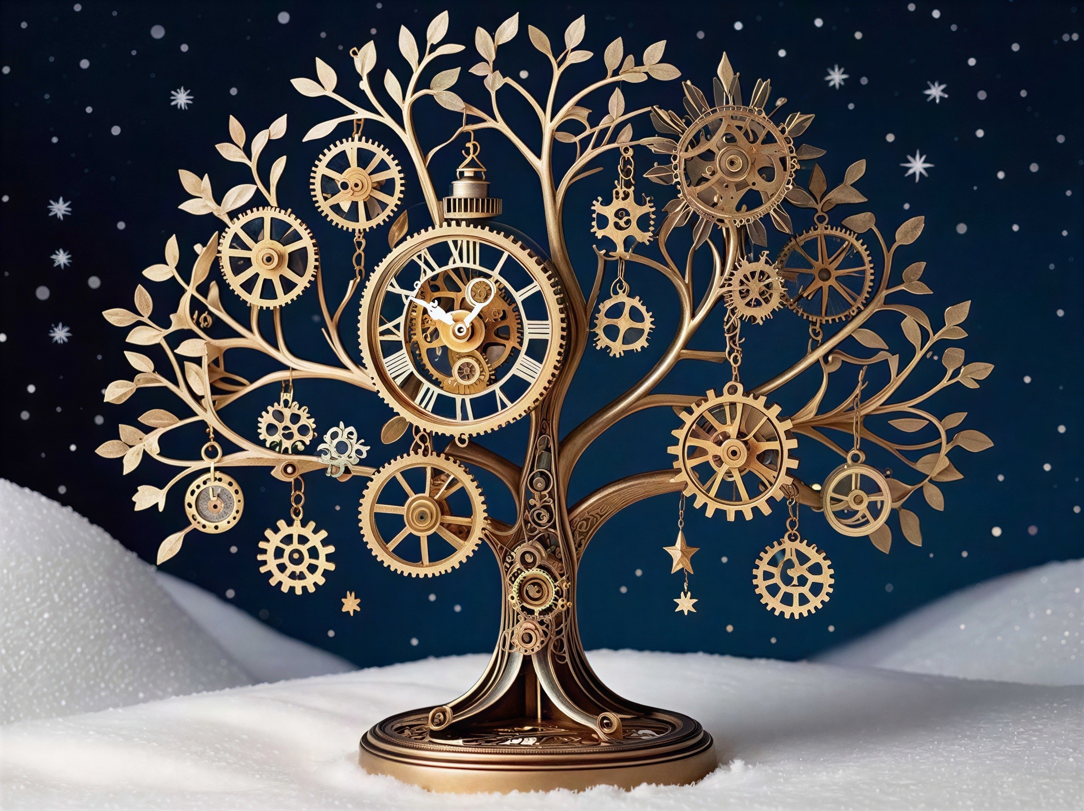 Golden Steampunk Clockwork Tree in Snowy Setting
