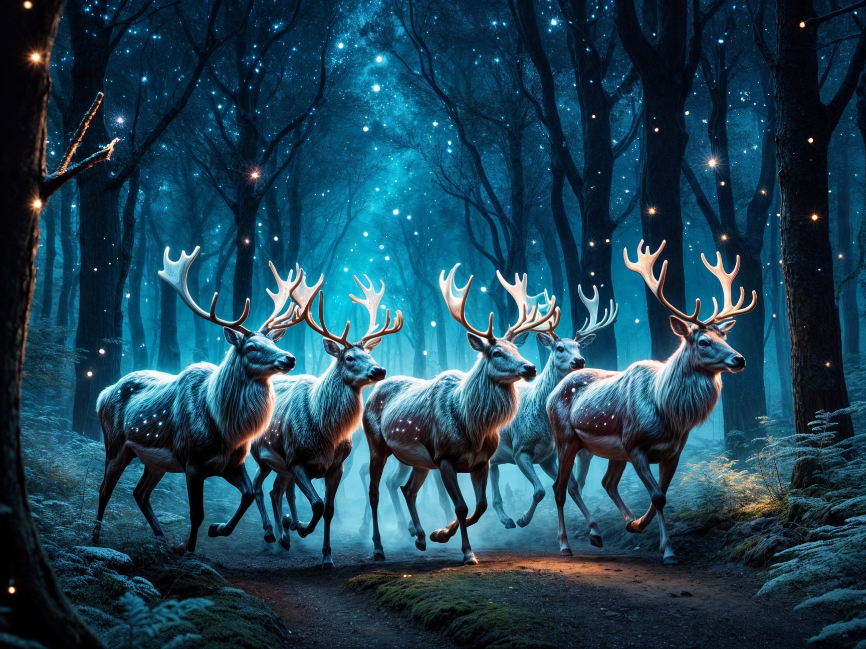 Mystical forest with ethereal reindeer under moonlight