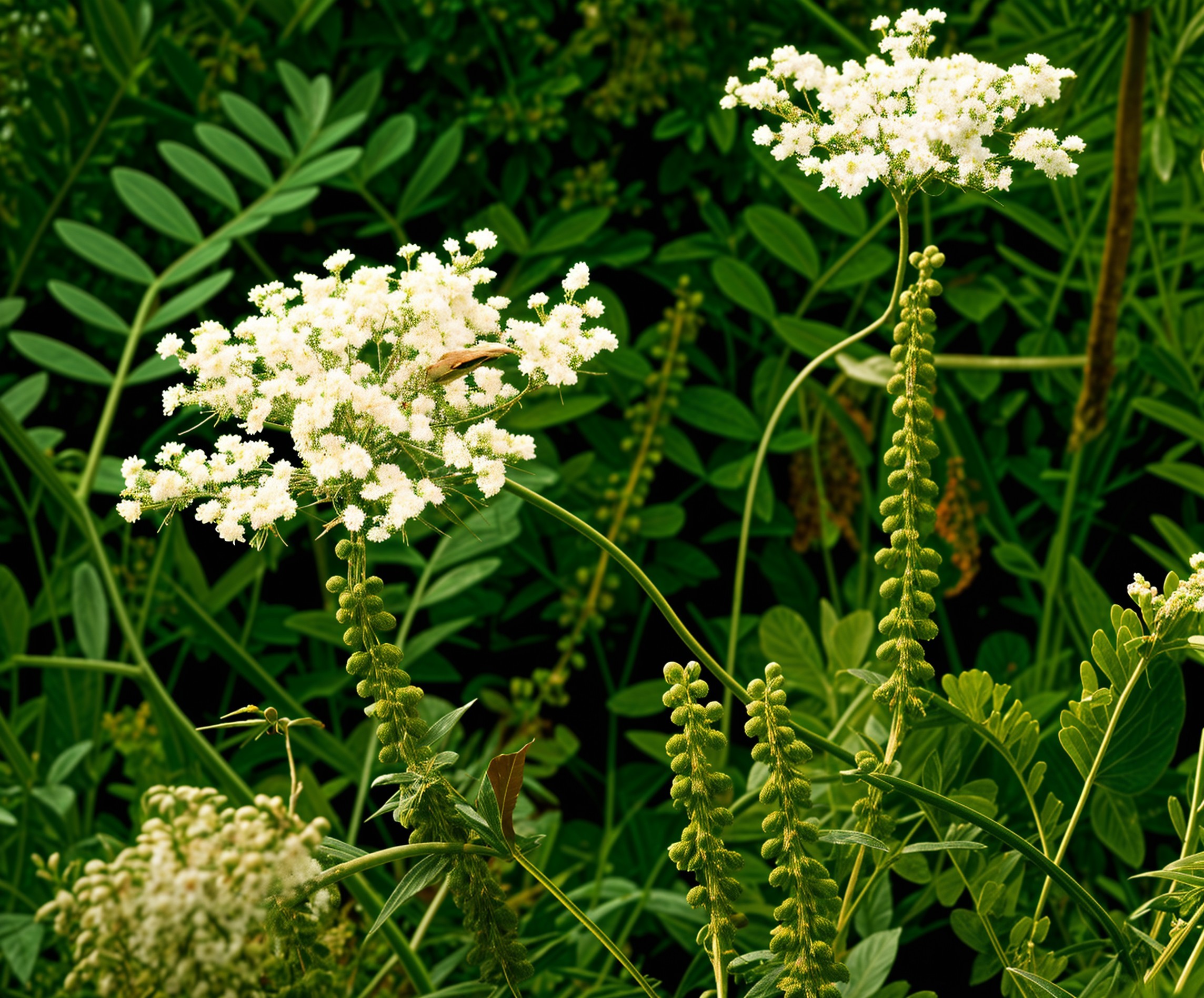 Delicate White Flowers on Green Stems in Lush Foliage
