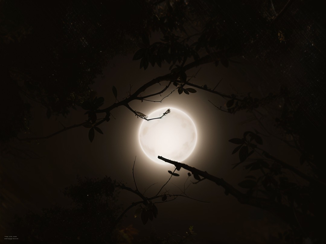 Full Moon Surrounded by Dark Clouds and Bare Branches