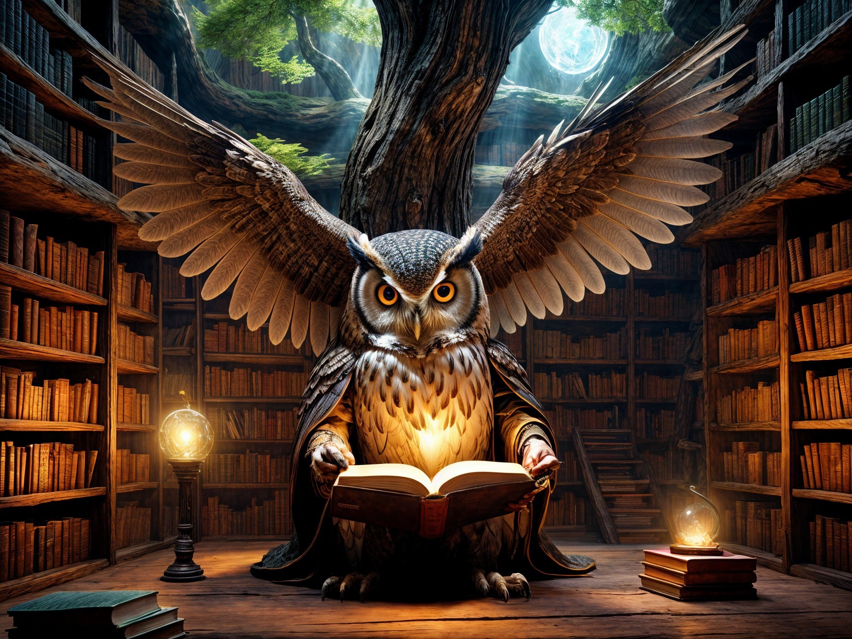 Owl Reading Ancient Book in Mystical Library Setting