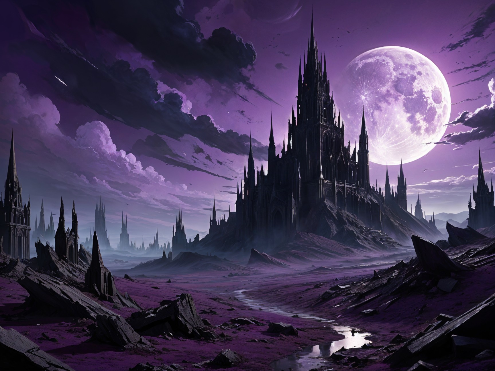Haunting Landscape with Dark Castle and Full Moon