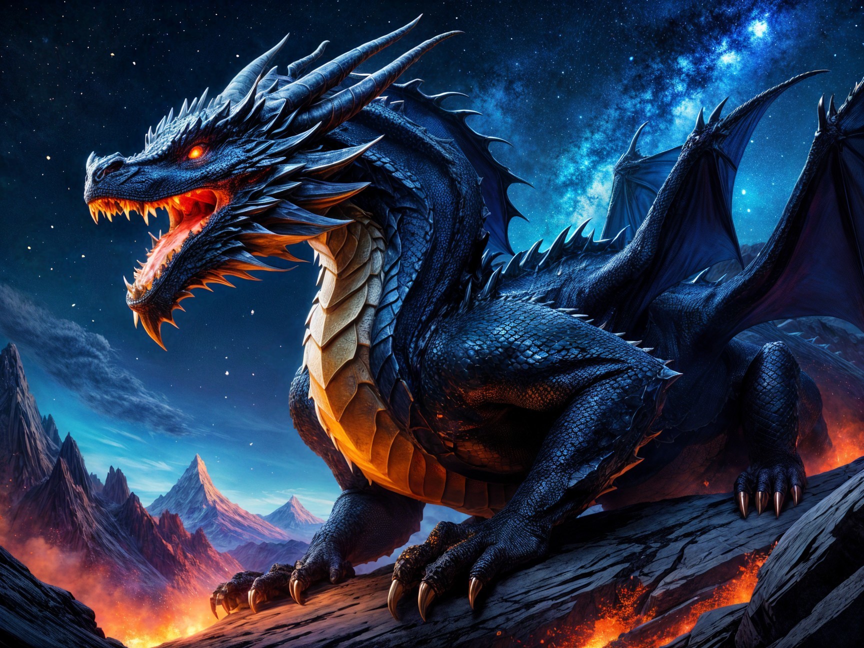 Majestic dragon on rocky ledge under starry sky