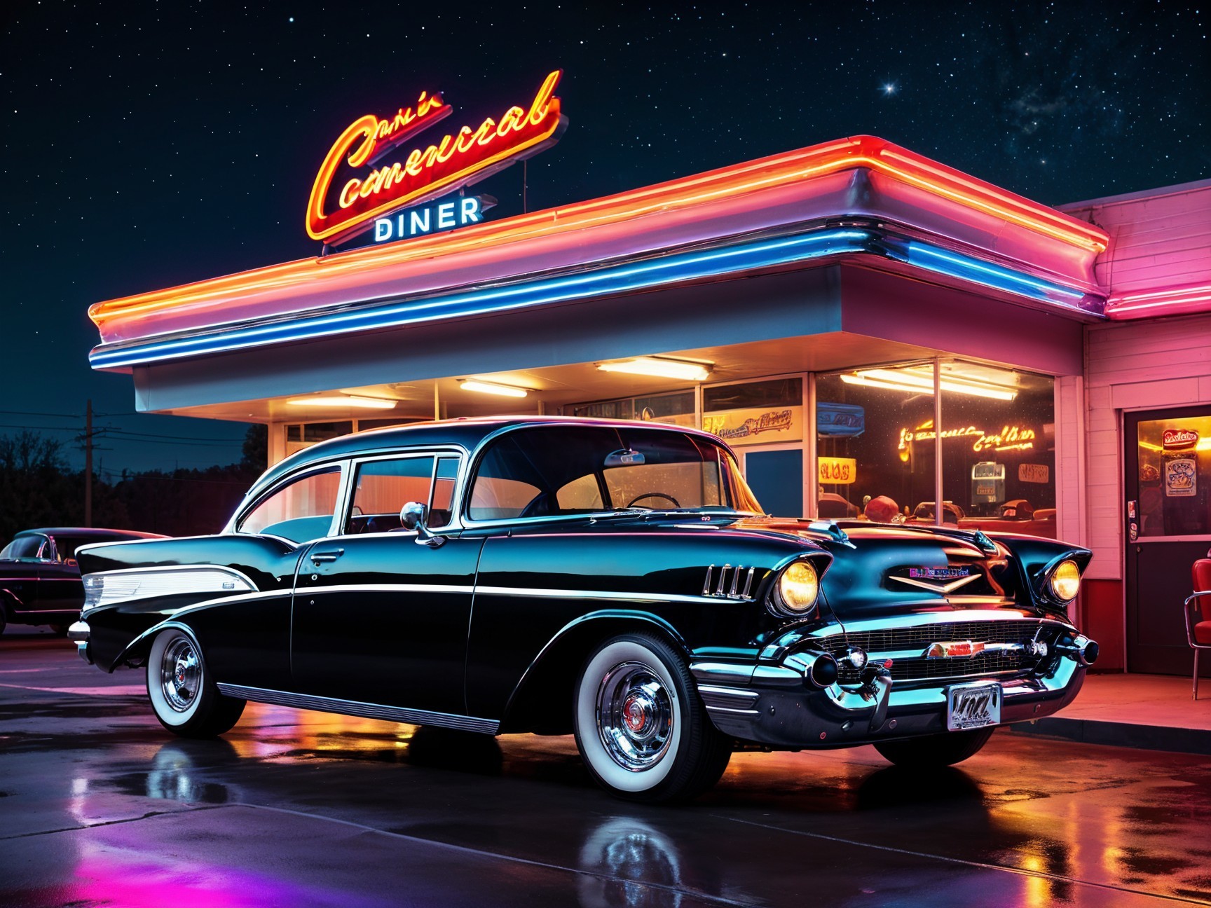 1957 Chevrolet at Retro Diner with Neon Lights