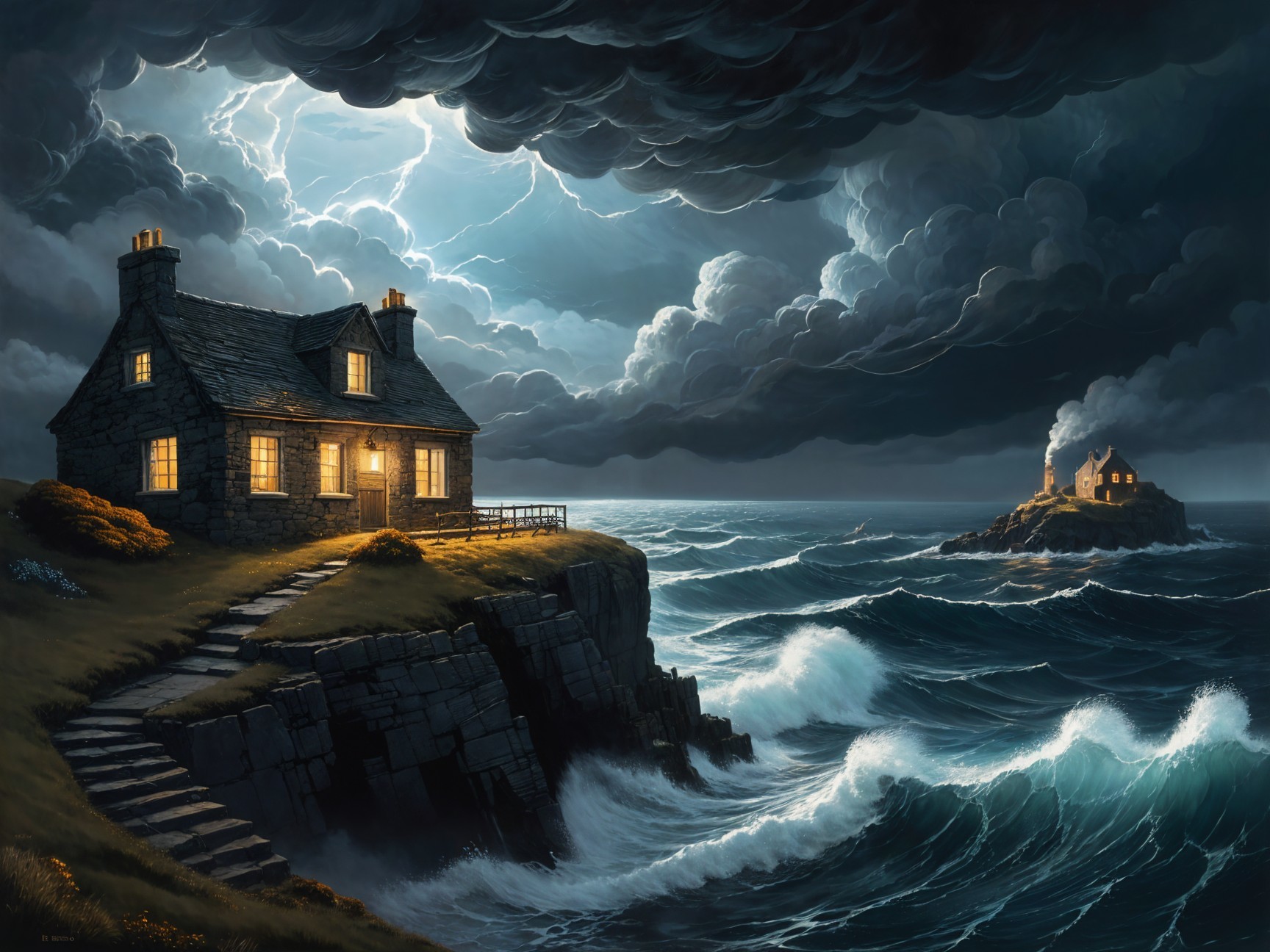 Stone Cottage on Cliff with Stormy Sea Background