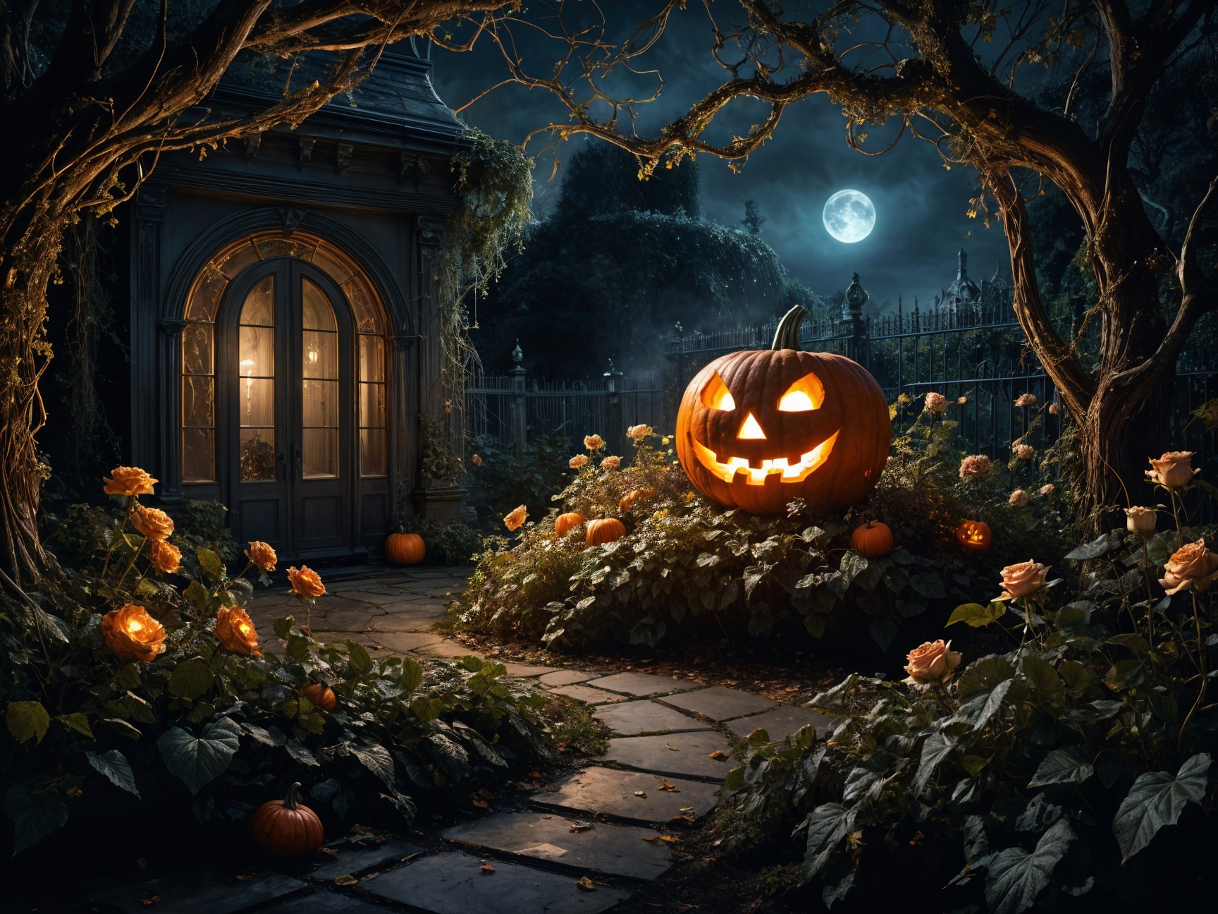 Halloween Scene with Jack-o'-lanterns and Moonlight