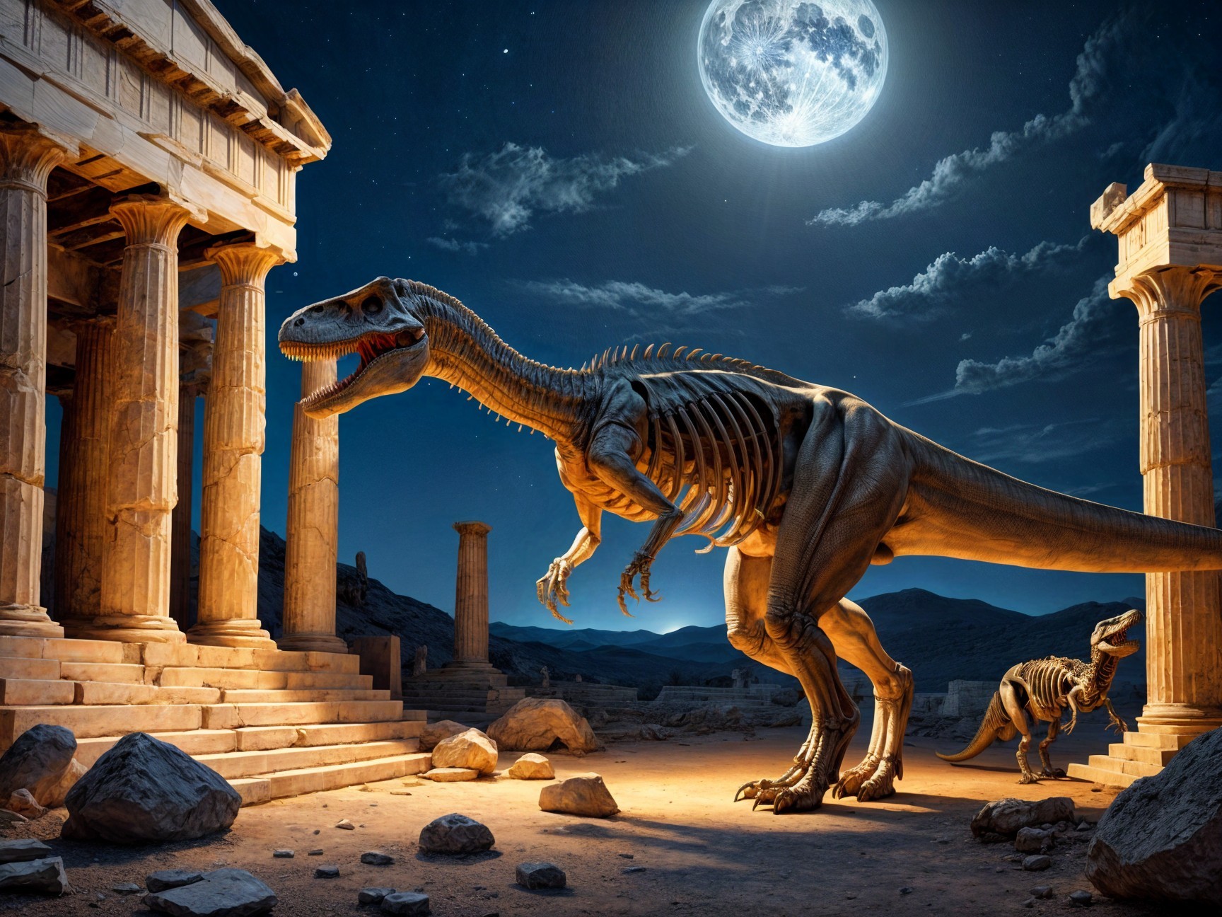 Skeletal T. rex in moonlit Greek ruins landscape