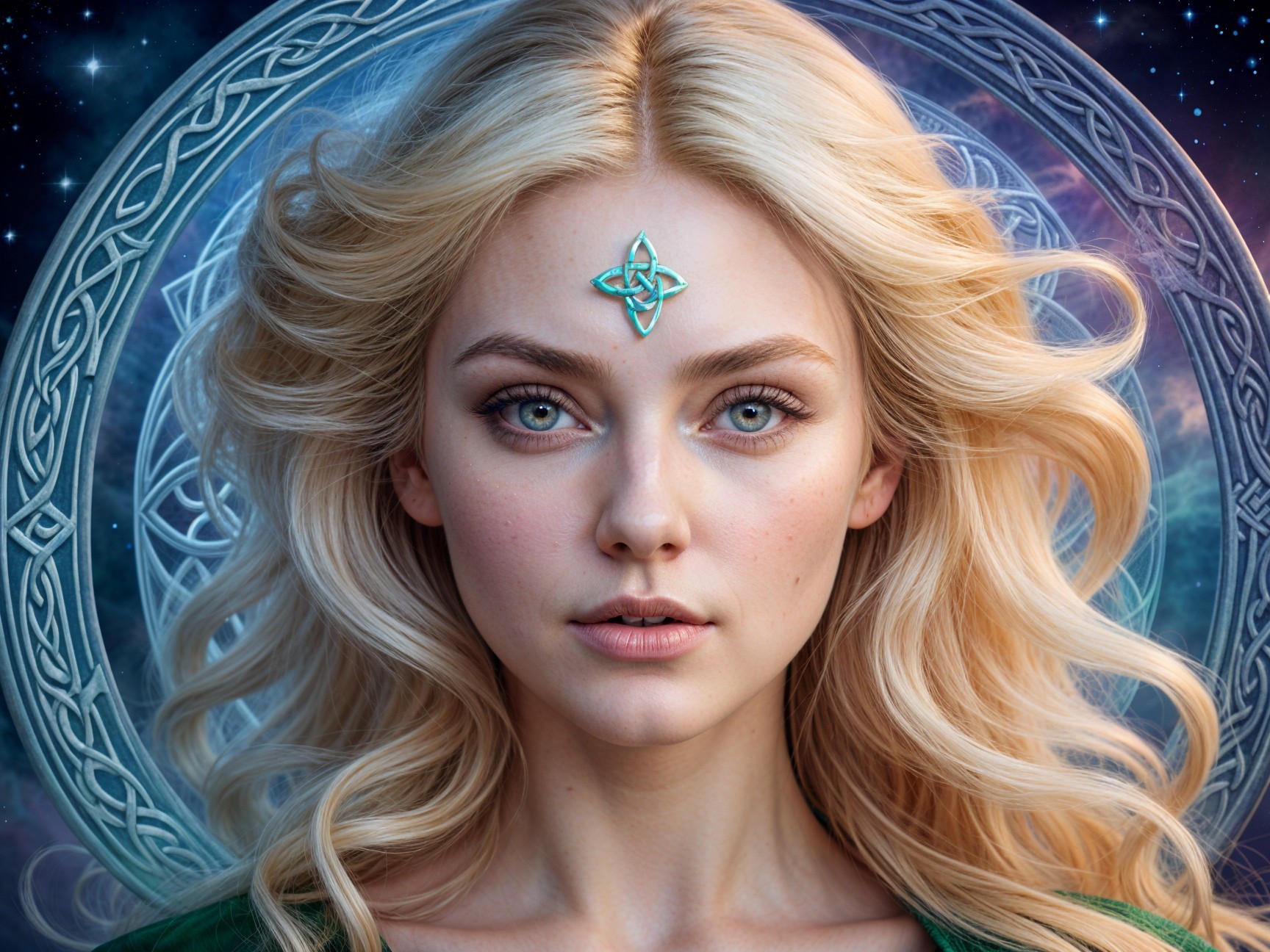 Young Woman with Blonde Hair and Turquoise Gemstone