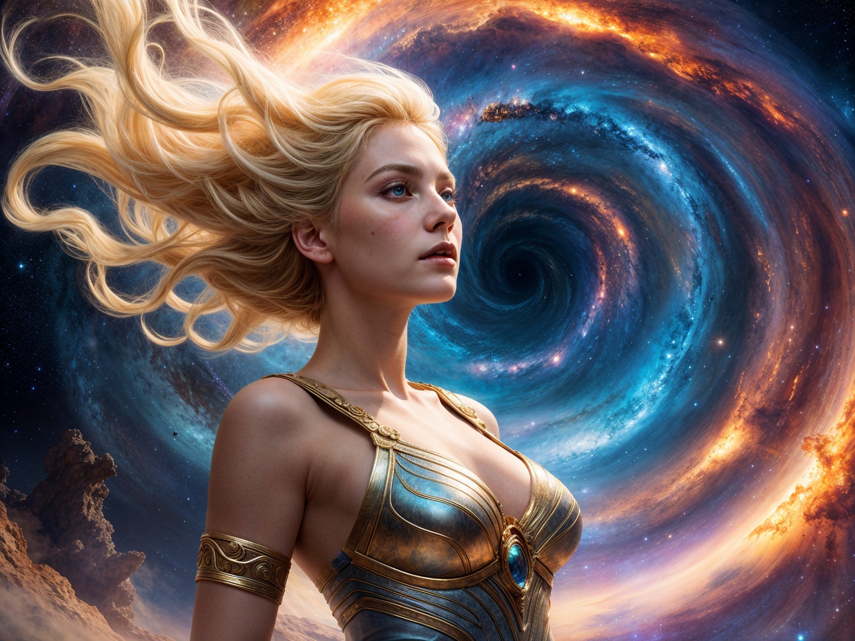 Young woman in golden outfit against cosmic backdrop