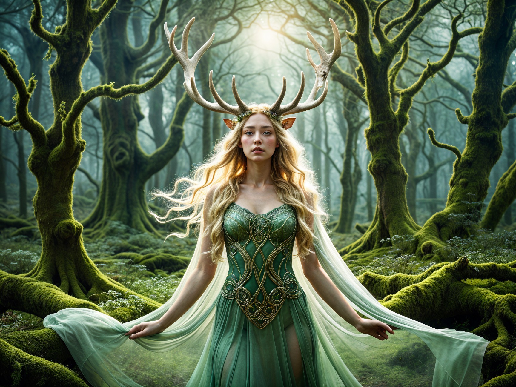 Mystical Forest Scene with Regal Figure and Antlers
