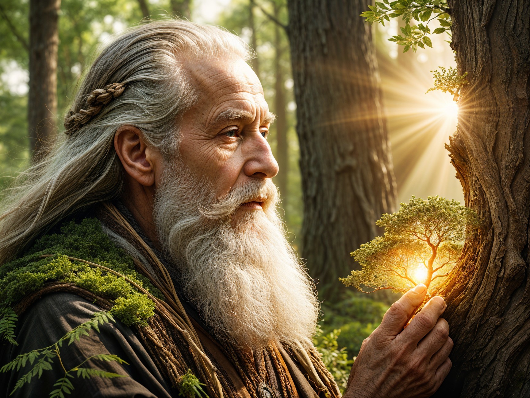 Elderly man in sunlit forest with glowing miniature tree