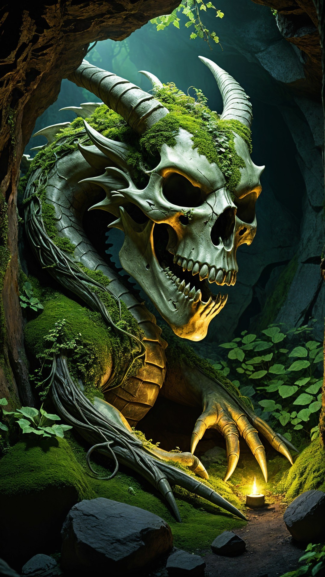 Dragon Skull Surrounded by Vines in Dim Cave Setting