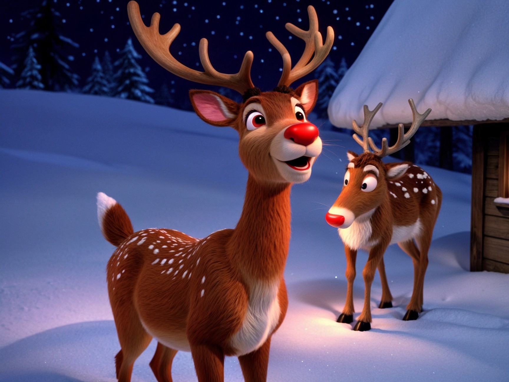 Cheerful Cartoon Reindeer in Snowy Holiday Scene