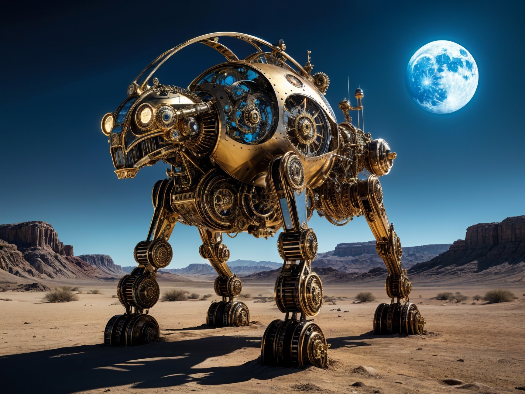 Robotic Lion in Desert Landscape Under Moonlight