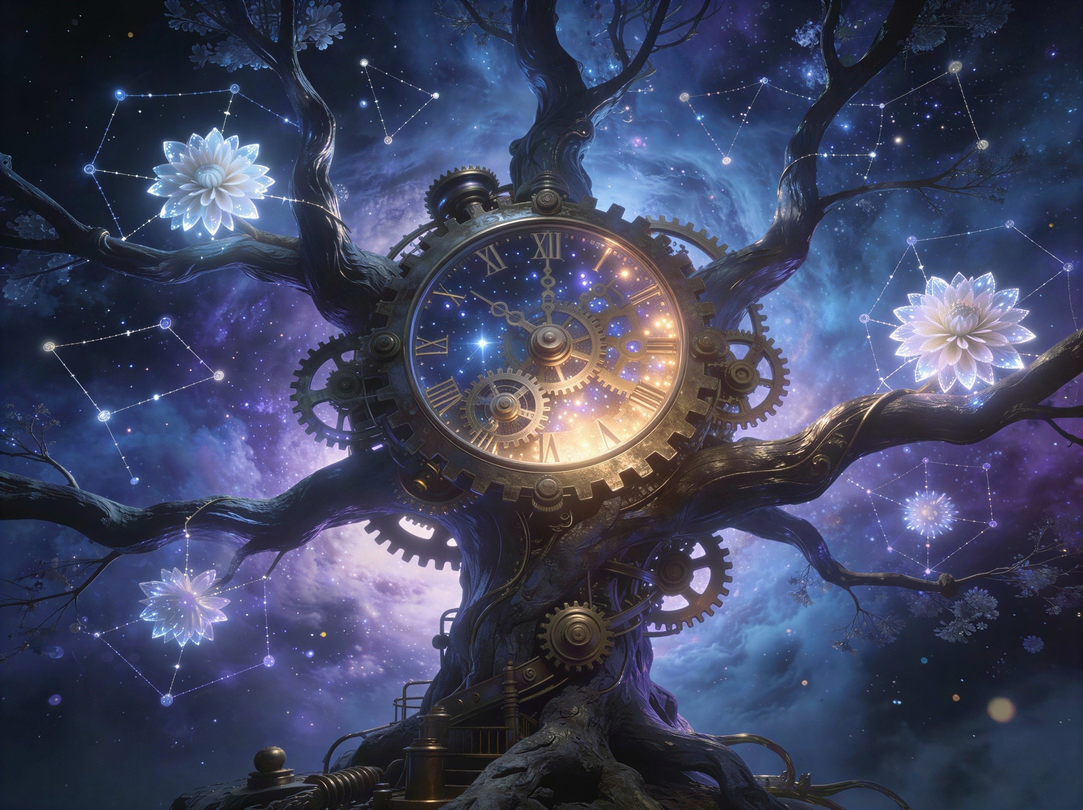 Mystical tree with cosmic nebula and ornate clock face
