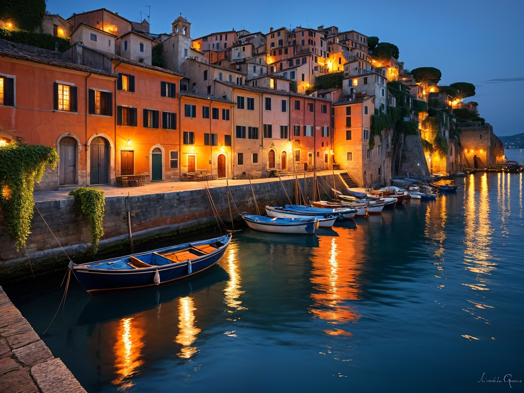 Serene Waterfront Scene at Dusk with Colorful Buildings
