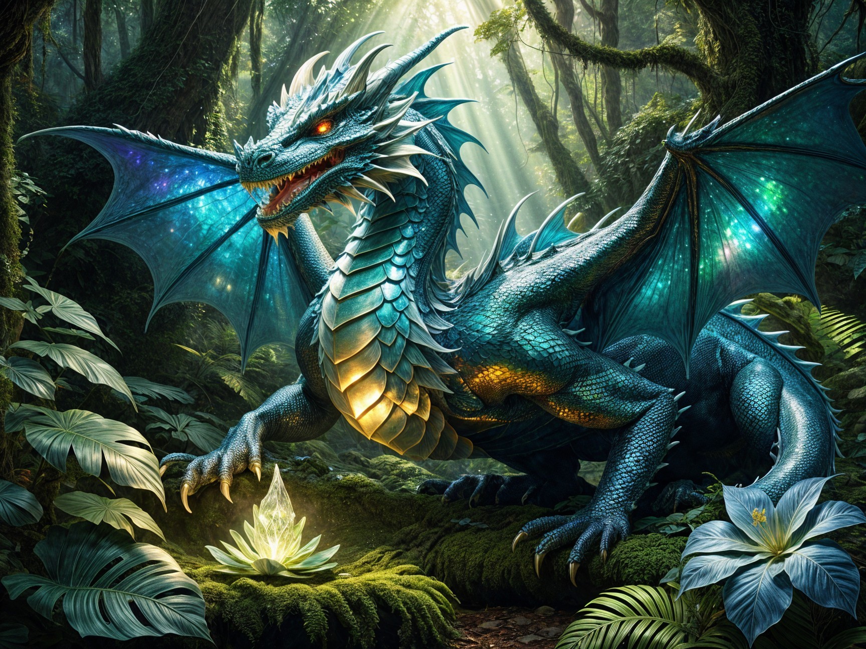 Blue Dragon in Enchanted Forest with Lotus Flower