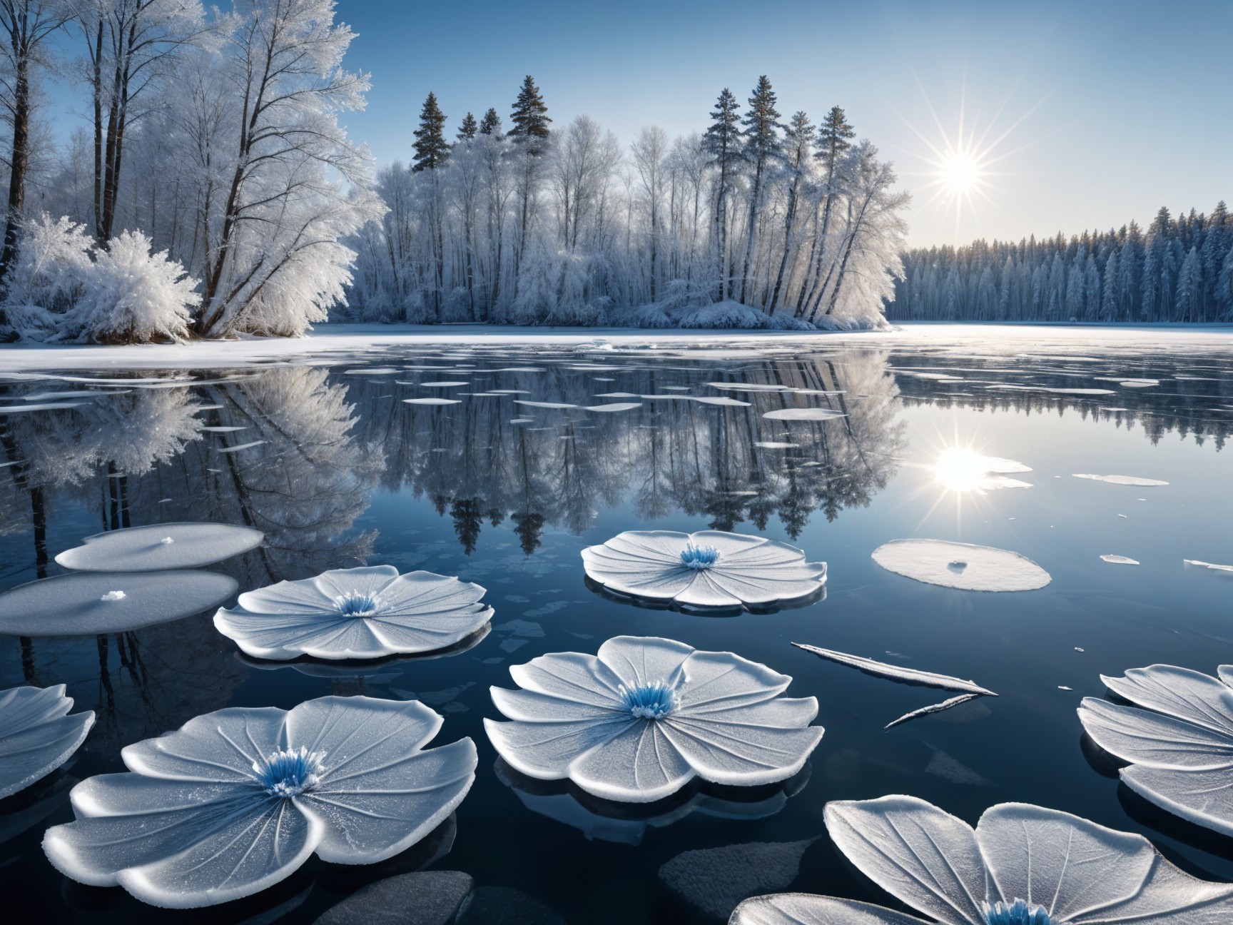 Winter Landscape with Frozen Lake and Frosted Trees