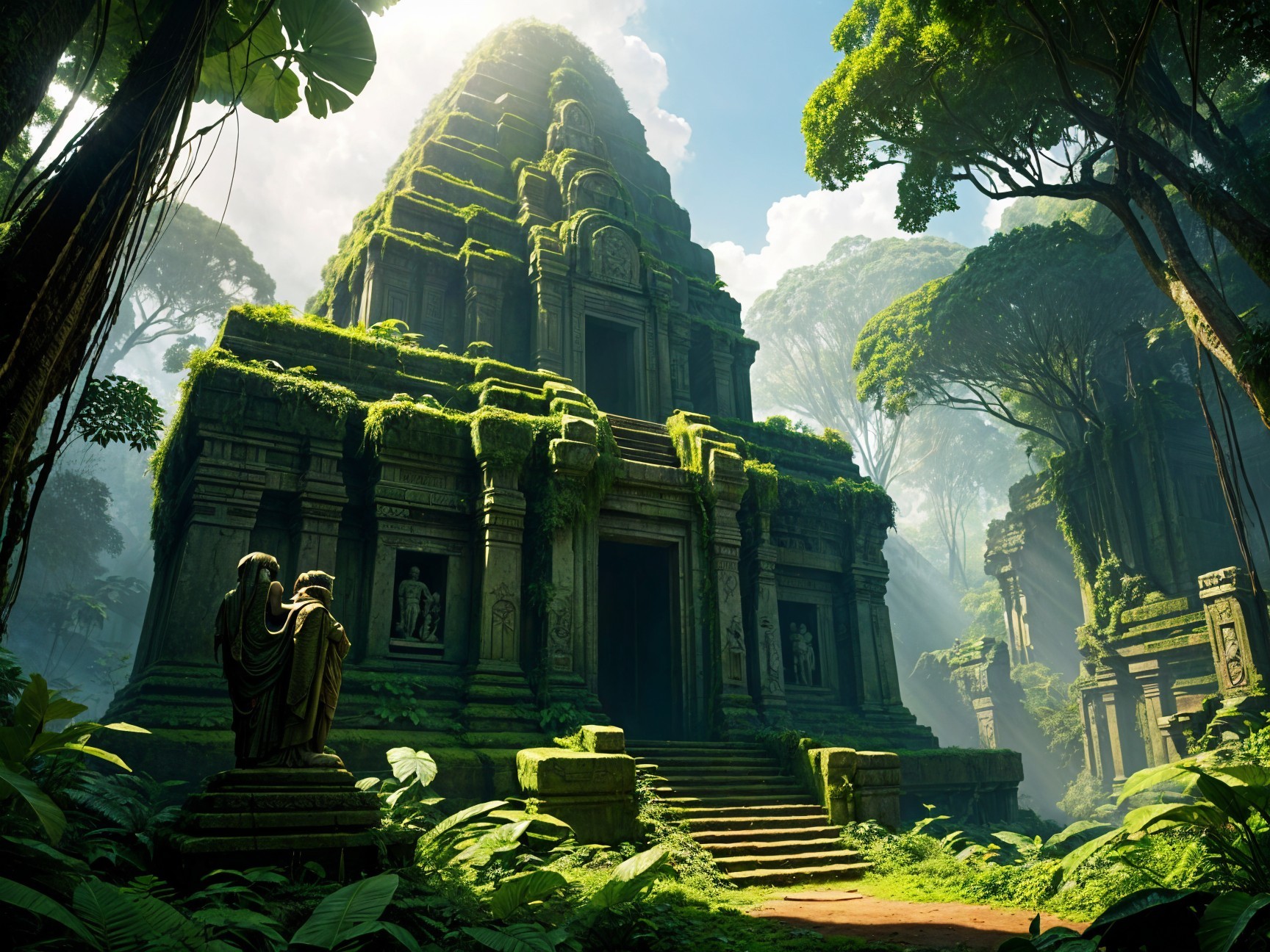 Ancient temple ruins in lush jungle with carvings
